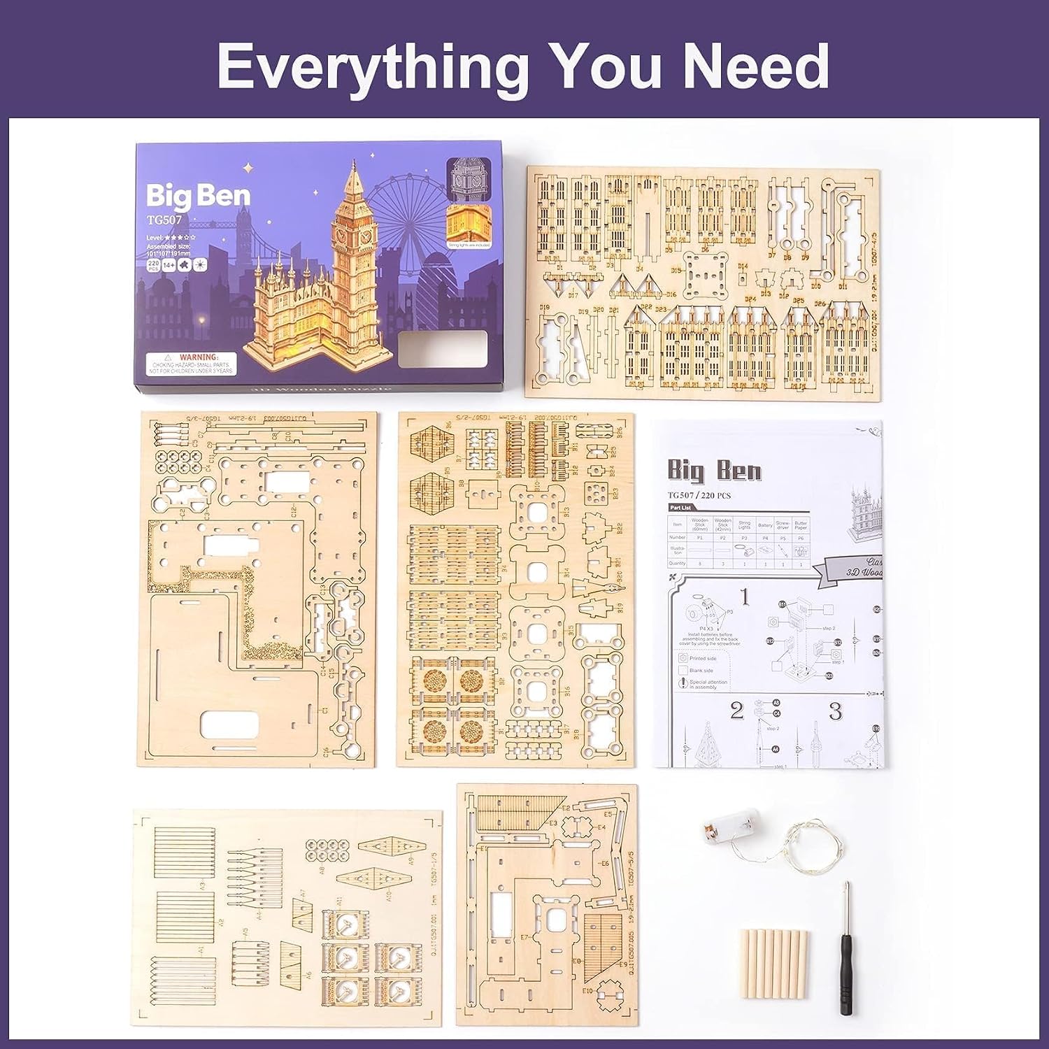 Thumbnail 6 de RoWood 3D Holzpuzzle Big Ben Modellbausatz mit LED – DIY Bastelset für Erwachsene