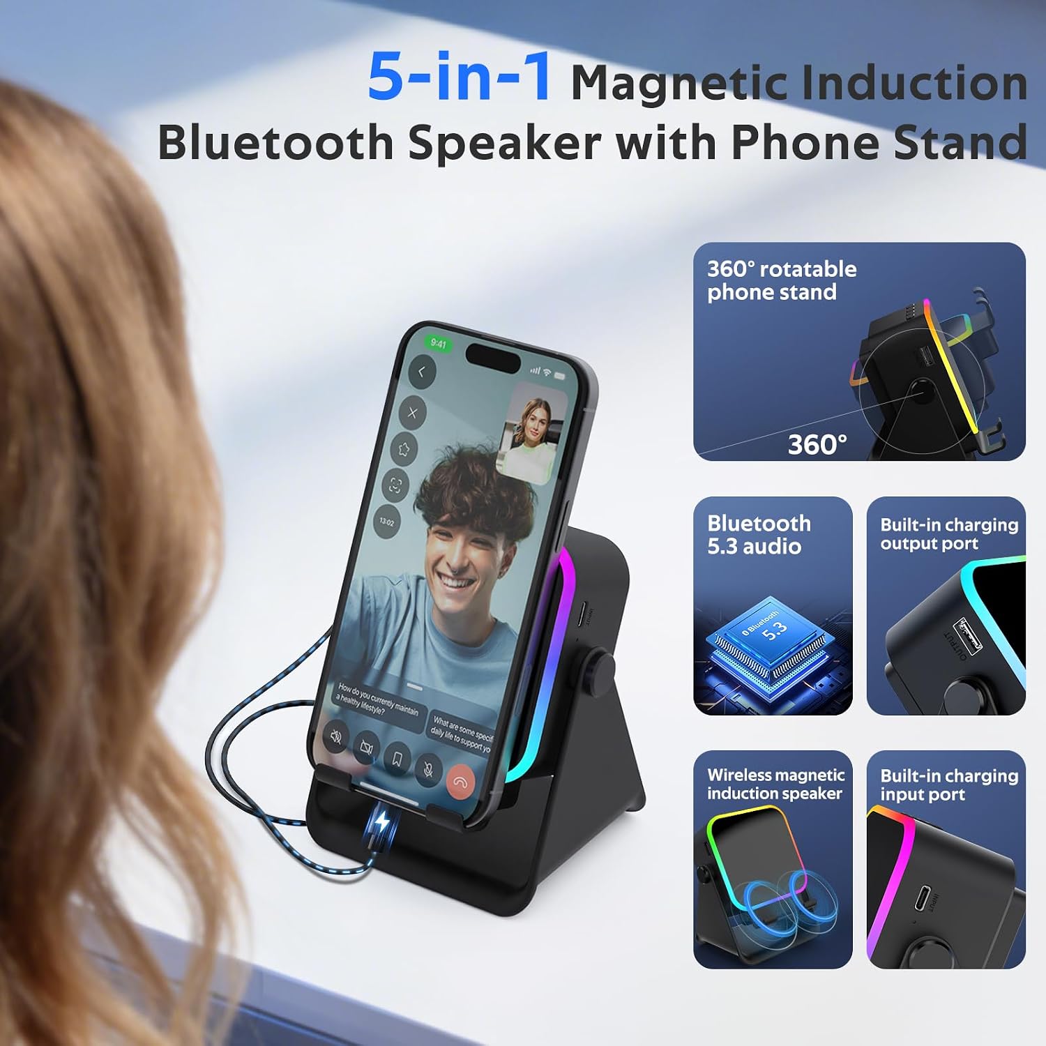 Detalle 2 de GLOPUS 1 5-in-1 Cell Phone Stand Speaker with Bluetooth and 8 RGB Modes