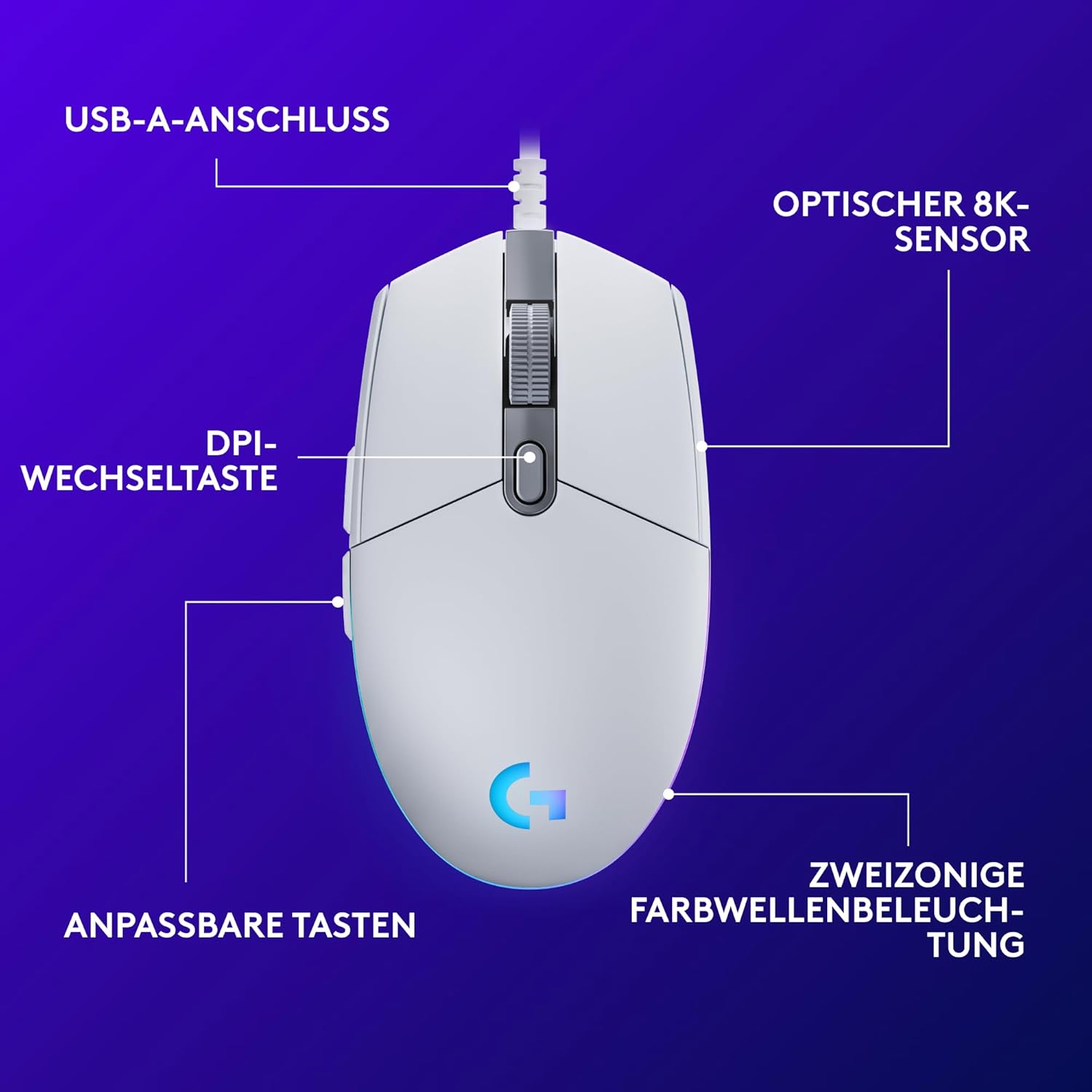 Thumbnail 5 de Logitech G Gaming-Maus G203 in Weiß – präziser Sensor bis 8.000 DPI & anpassbar mit G HUB