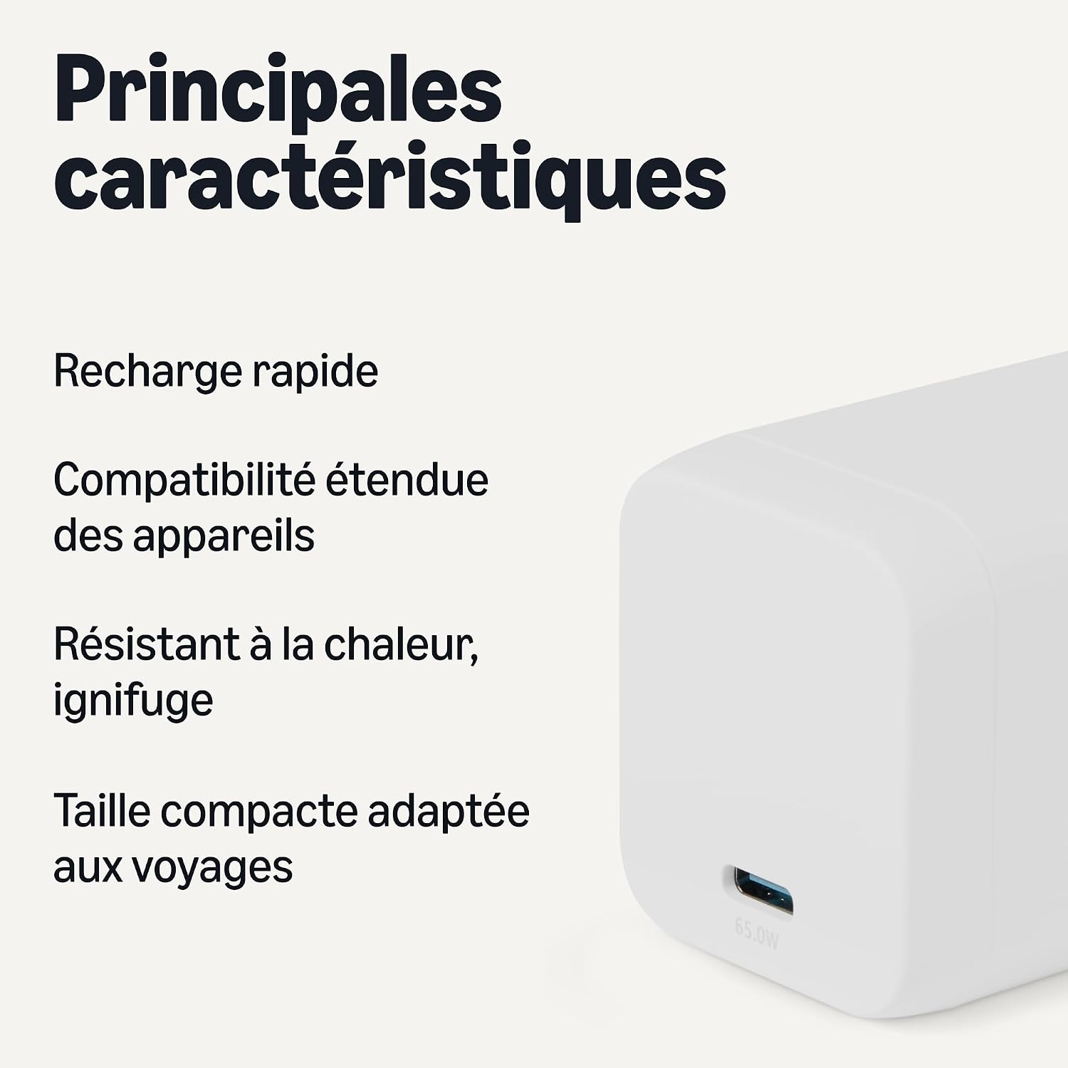 Detalle de Amazon Basics chargeur mural USB‑C Nano GaN 65 W (1 port) avec PD 3.1