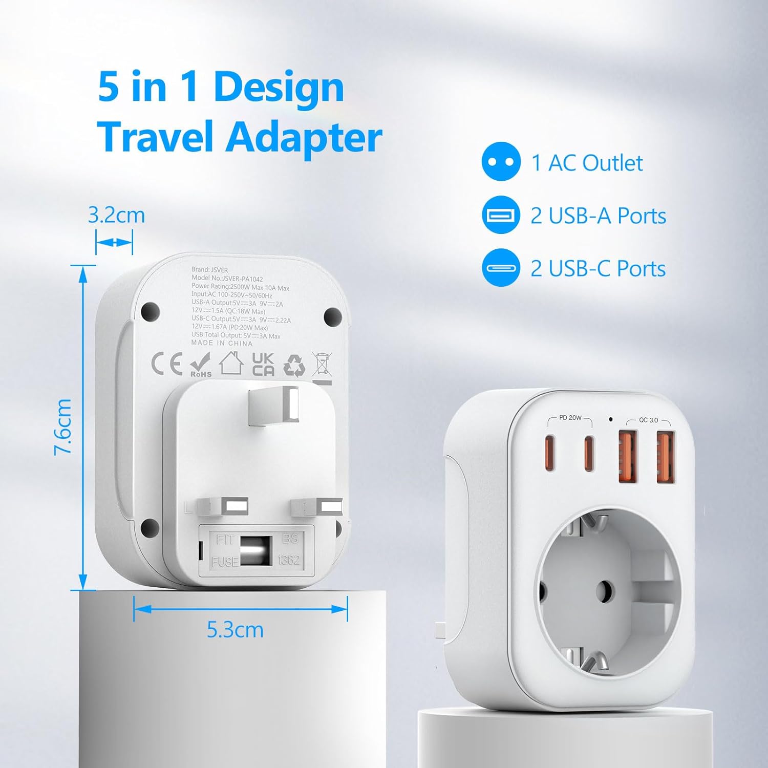 Detalle 1 de JSVER Reiseadapter UK adaptador de viaje 5 en 1