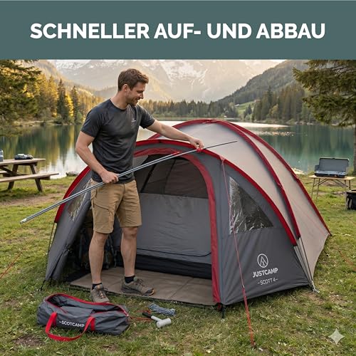 Thumbnail 6 de JUSTCAMP Scott Camping Zelt 4 Personen – Großes Kuppelzelt mit Schlafkabine, Vorraum und Moskitonetz