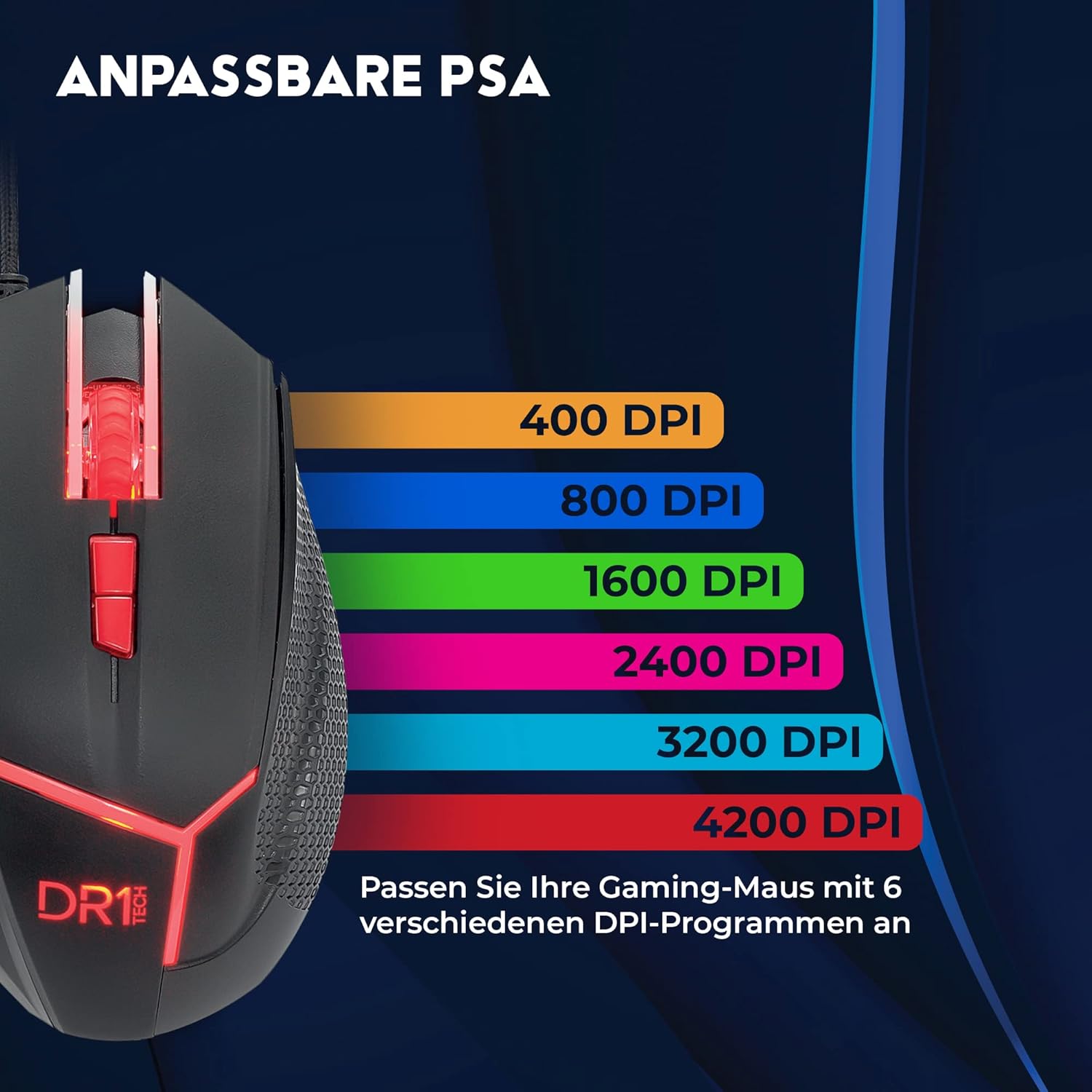 Thumbnail 6 de DR1TECH Hunter Professional Gaming Maus – kabelgebundene Profi-Maus mit 5 Gewichten und 4200 DPI