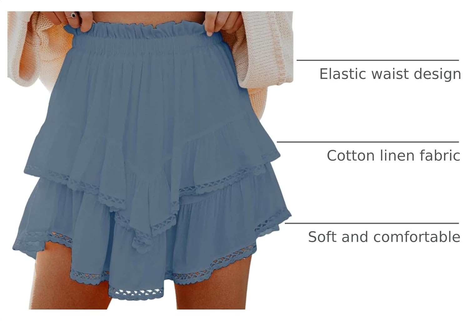 Detalle 2 de Aoudery Flowy Shorts for Women: Double Layer Crochet, High-Wit h Waist, Boho Ruffle Tiered Skorts