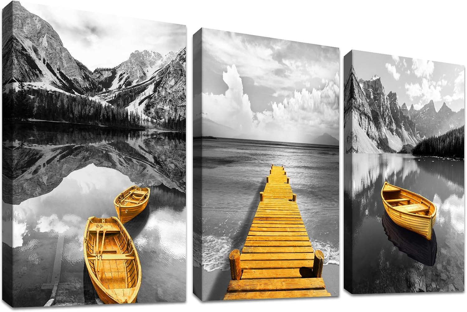 Detalle de HALFLEMART 3-teiliges Grau-Gold Rahmen-Leinwandbild: Berg- und Seepanorama, 90x40 cm