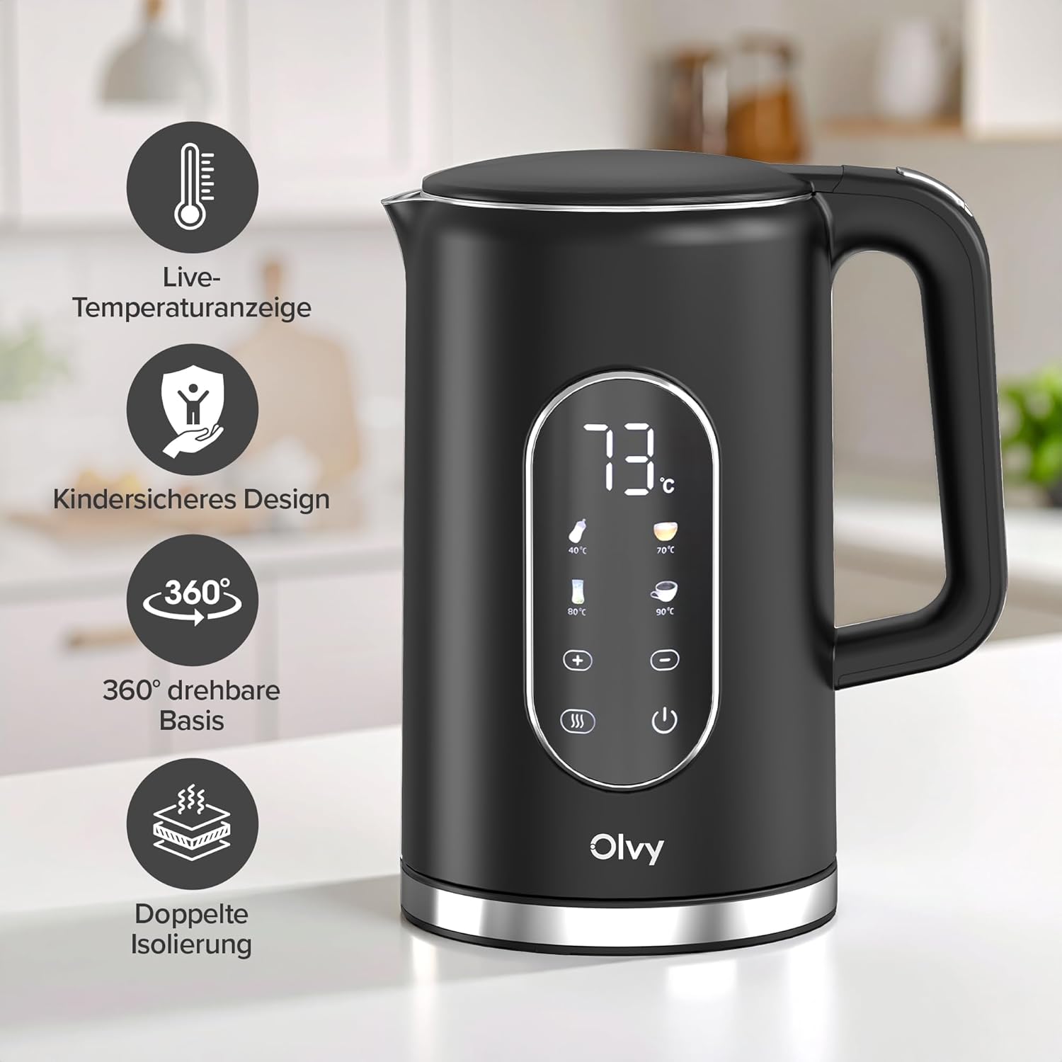 Detalle de Olvy Elektrischer Wasserkocher 1,7 l mit Temperaturregelung, Warmhaltefunktion und Doppelwand-Edelstahl (schwarz)
