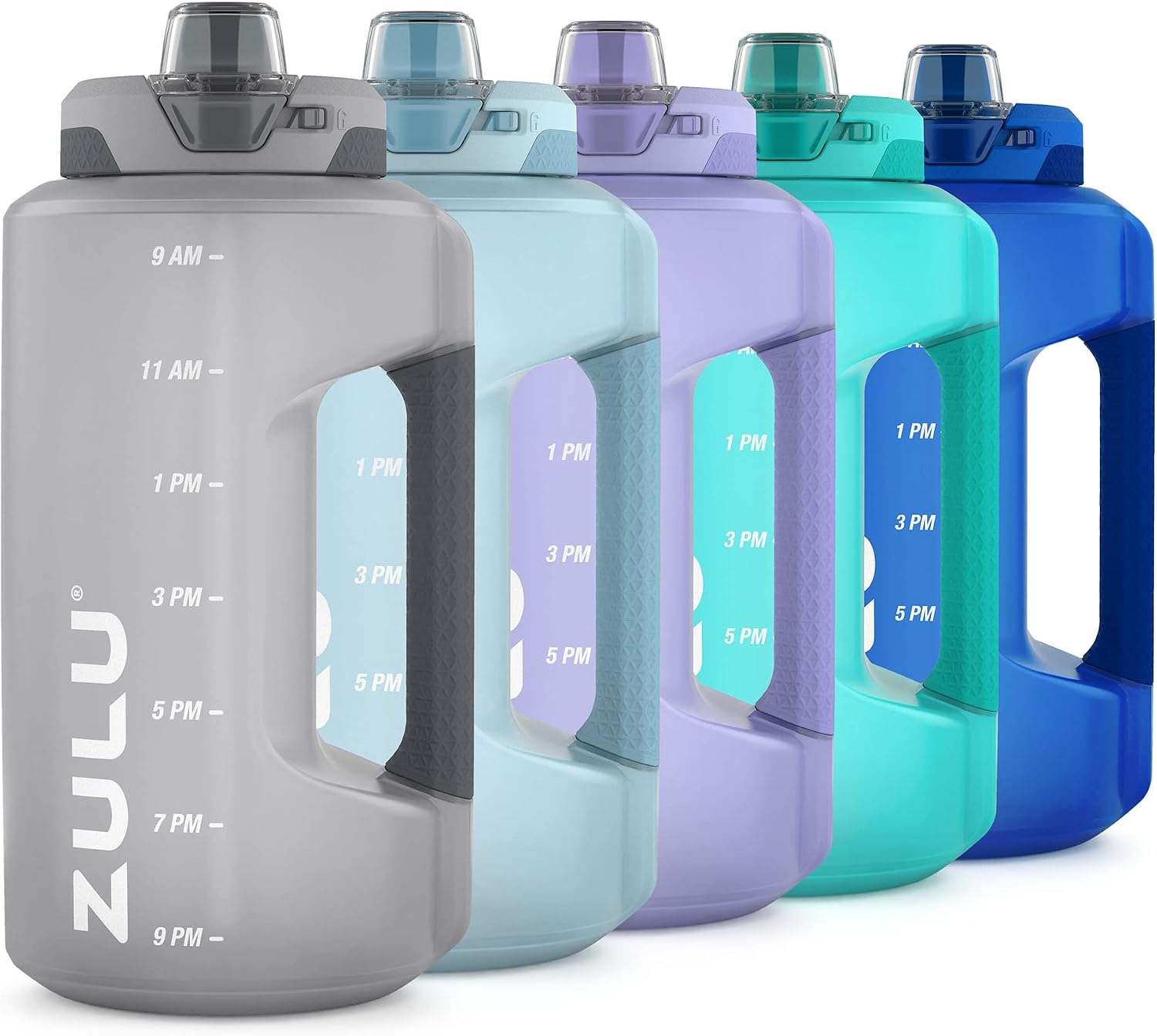 Detalle de ZULU Goals 64oz Half Gallon Plastic Water Bottle with Straw, Time Marker, Handle & Leak-Proof Lid (Gray)