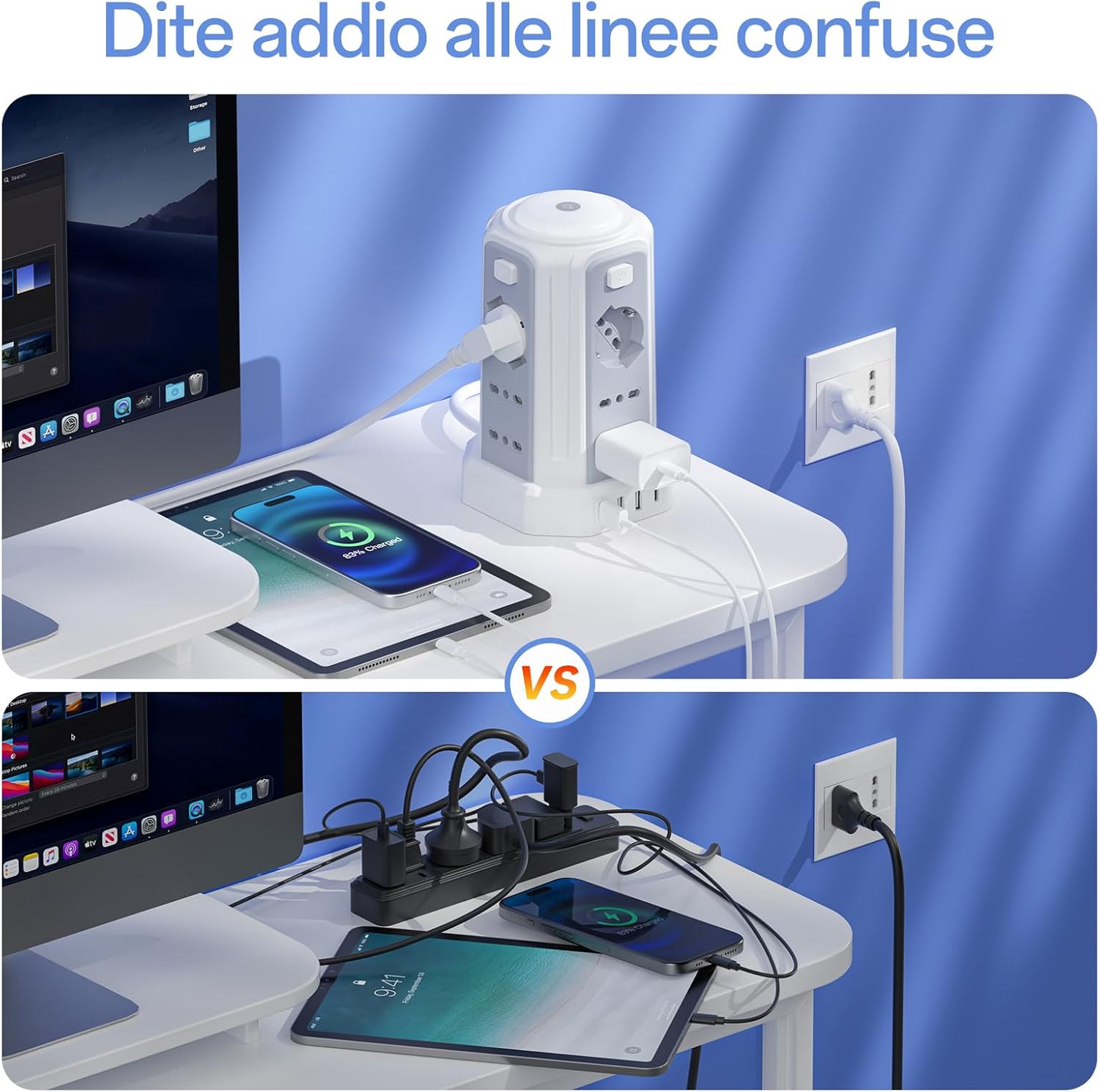 Thumbnail 4 de Ciabatta elettrica KEMELO verticale con luce notturna, 12 prese e 4 USB (3 USB-A + 1 USB-C) e 4 interruttori indipendenti, 2 m