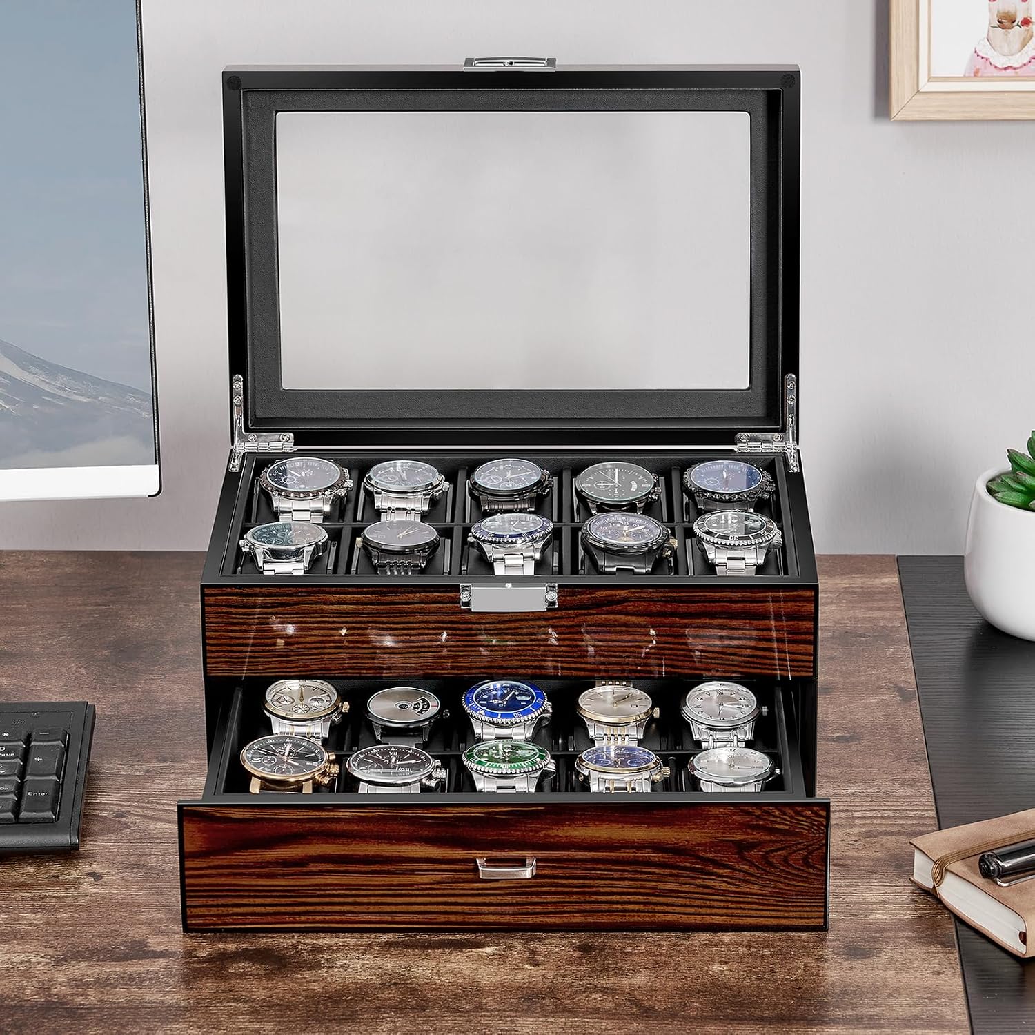 Detalle de BEWISHOME High-End Watch Box 20-Slot: Wooden Case with Large Glass Lid
