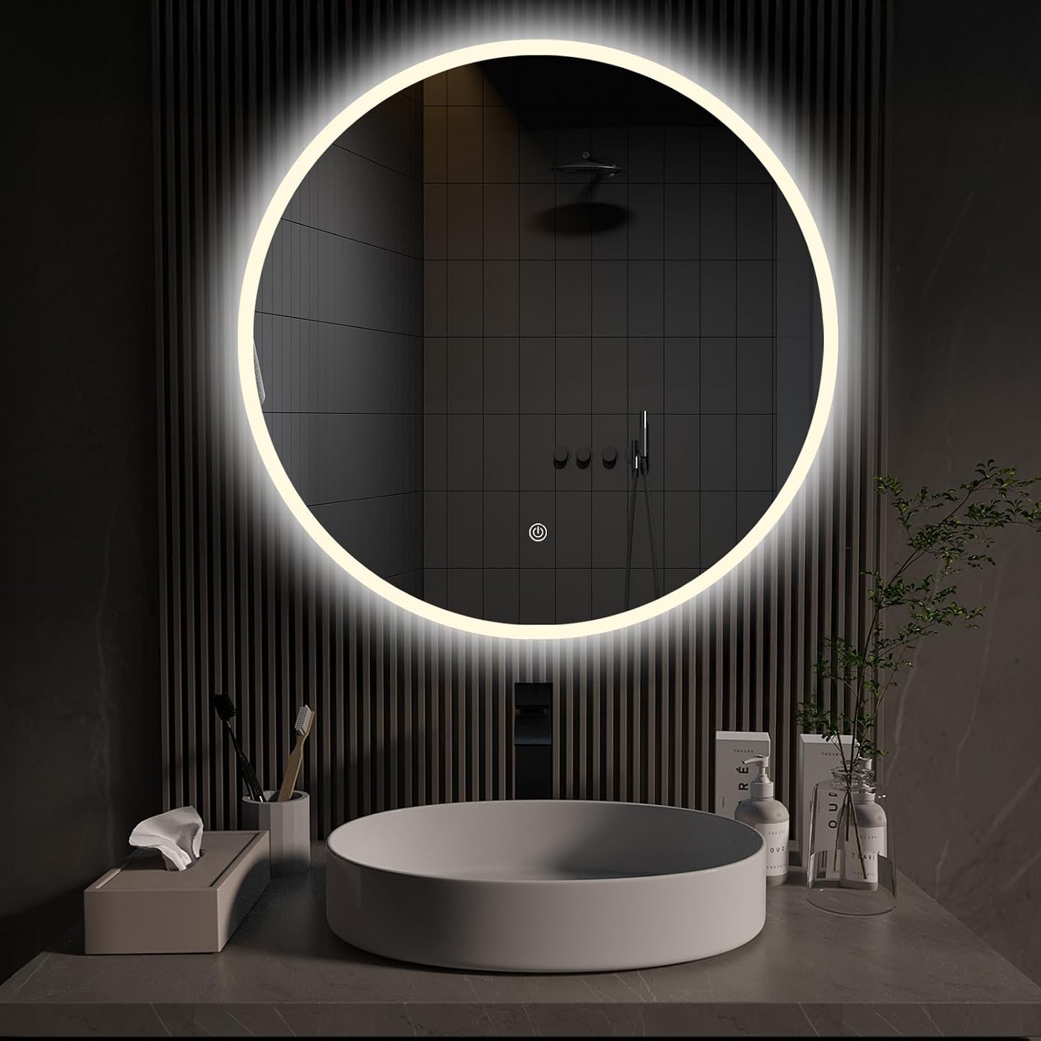 Thumbnail 6 de ApeJoy Specchio da bagno rotondo 60 cm con illuminazione LED, cornice in metallo nera, memoria e IP44