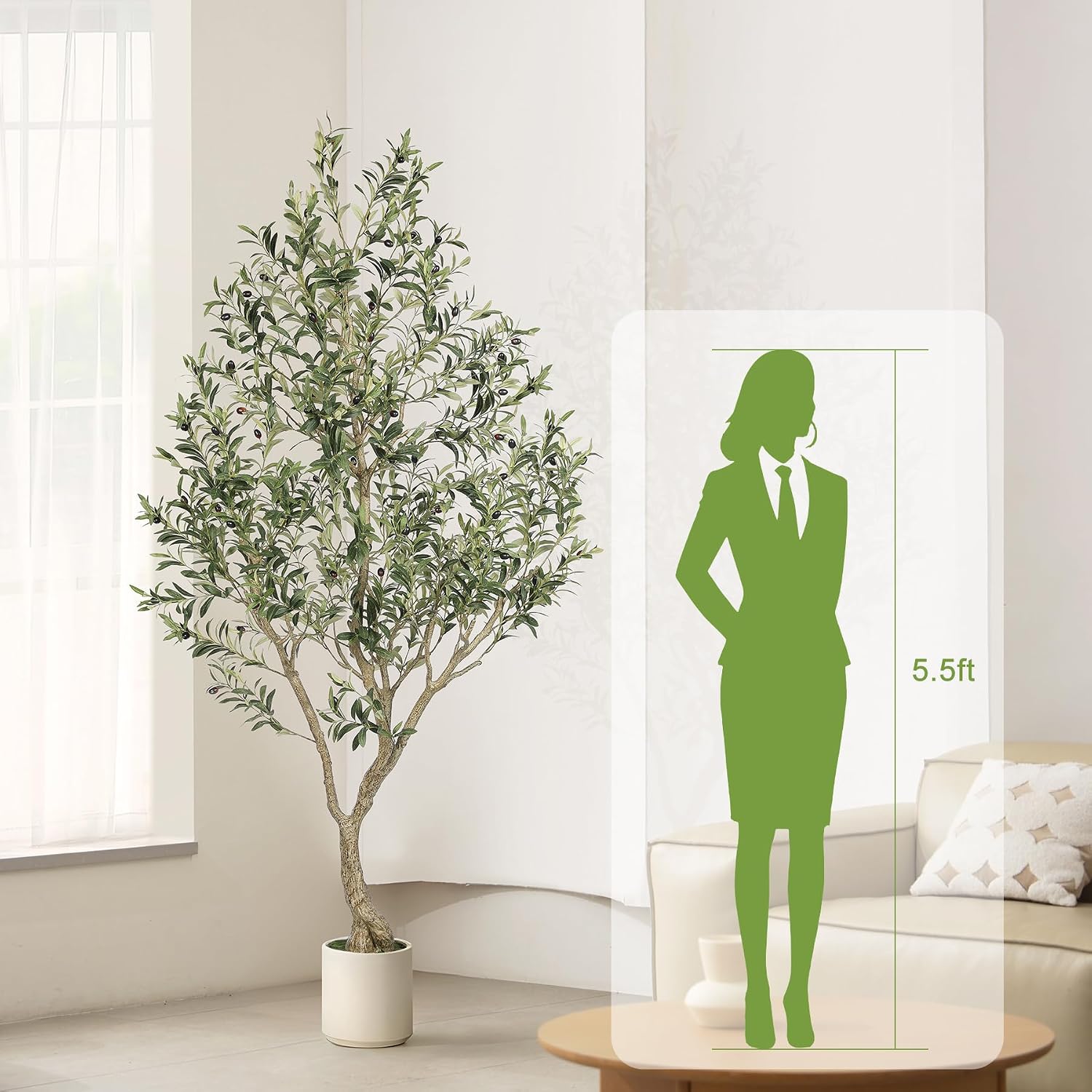 Detalle de LYERSE 7 ft Faux Olive Tree with White Planter, Lifelike Leaves and Fruit