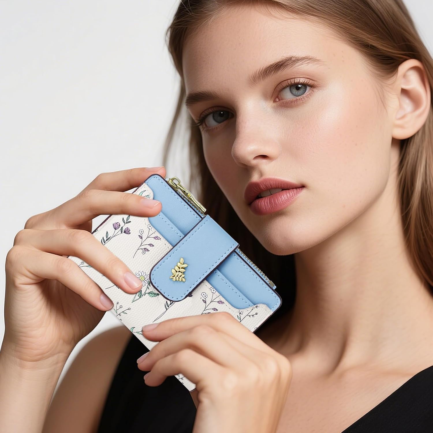 Detalle de Busnos Purses for Women: Small Blue PU Leather Card Holder Wallet with RFID Blocking