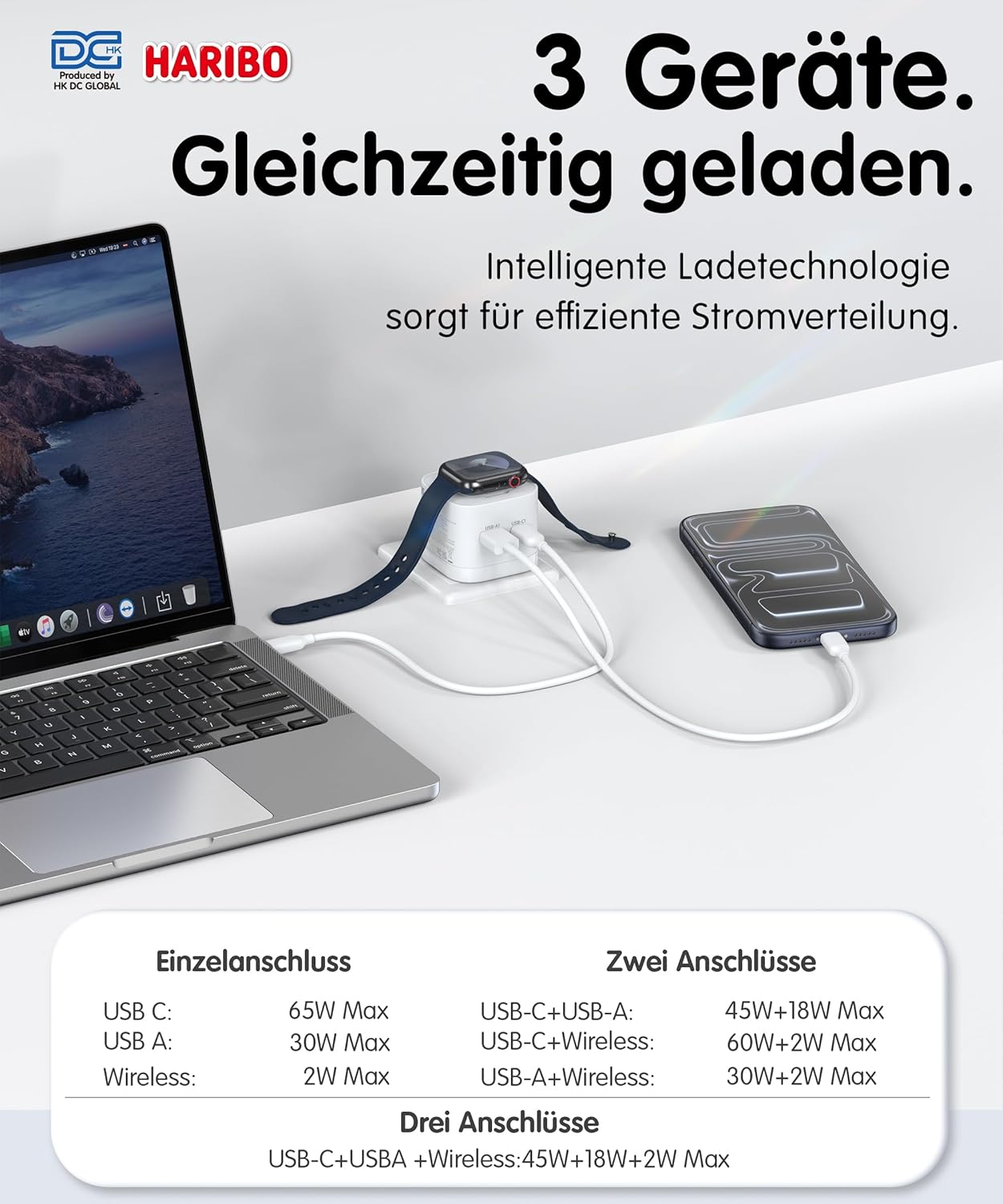 Detalle de Haribo Chargeur USB-C 65W 3-en-1 pour Apple Watch et appareils Apple – Bleu