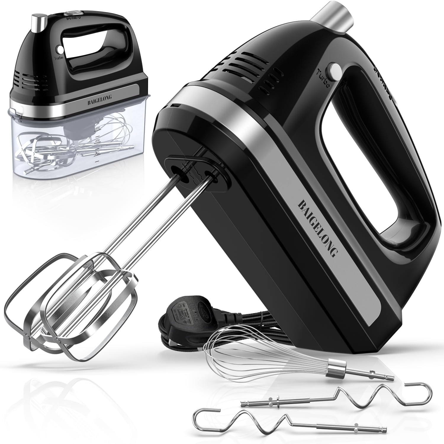 Detalle de BAIGELONG Hand Electric Mixer 300W with 5 speeds, turbo boost and 5 stainless steel attachments (black)
