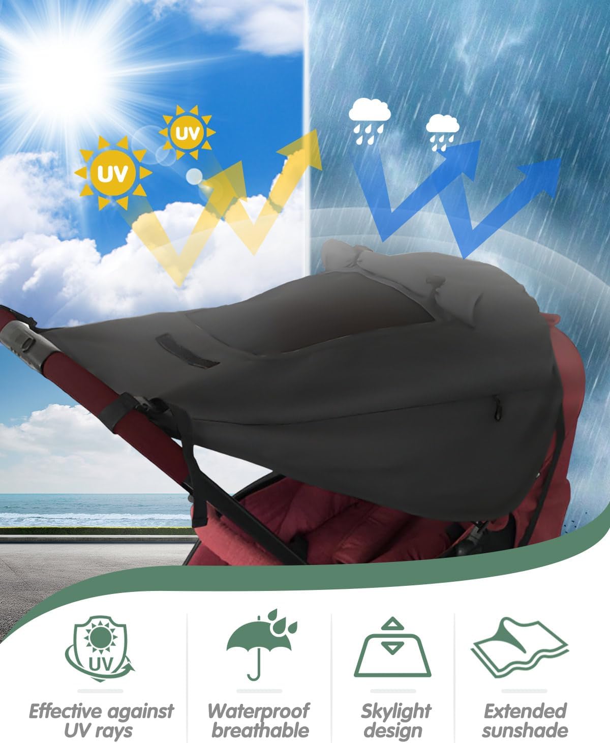 Thumbnail 4 de MOXTOYU Universal Pram Sunshade Cover with Breathable Viewing Window (Black)