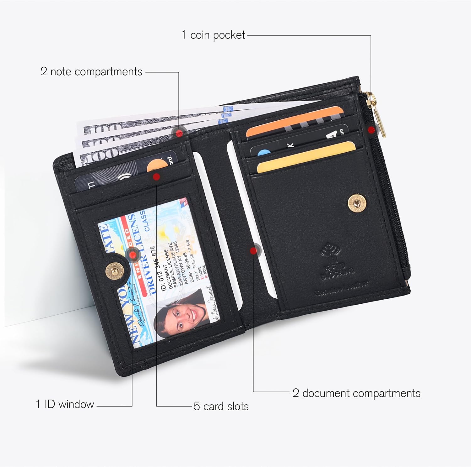 Detalle 2 de Oak Leathers Leather Wallet for Women – Small RFID Wallet with Card Slots, ID Window & Coin Pocket (Nappa Black)