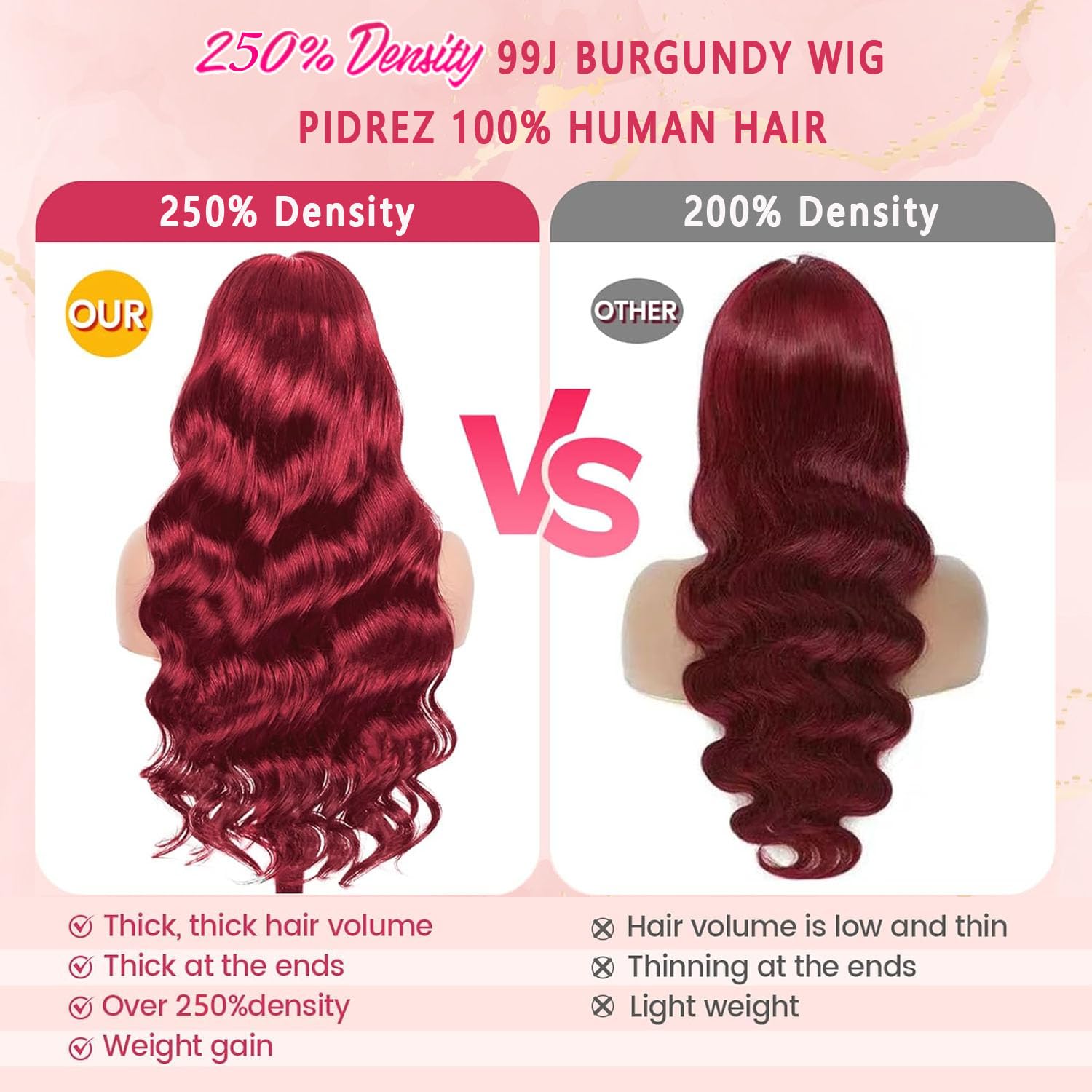 Thumbnail 2 de pidrez 250% Density 28-Inch Burgundy Human Hair 13x6 Lace Front Wig (99J) Body Wave