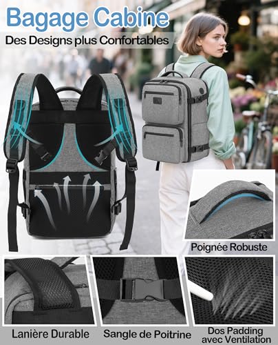 Detalle de LYNXCHER Sac à dos cabine avion 40x30x20 – Anti-vol, compartiment PC 15,6