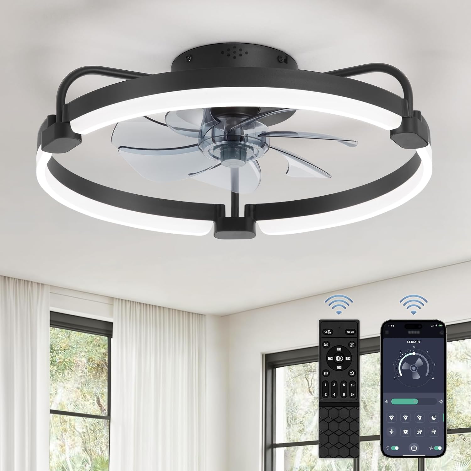 Detalle de LEDIARY ceiling fan with light, 20-inch