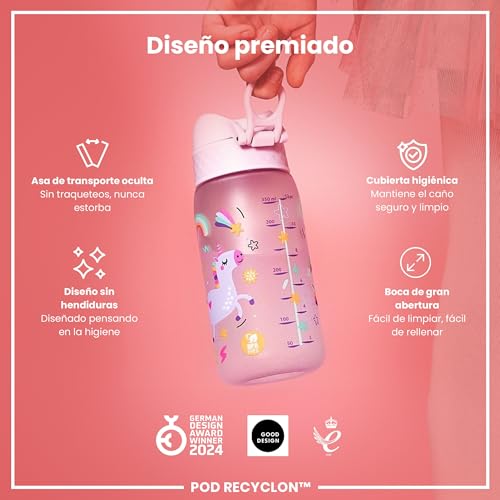 Detalle de ion8 Botella de Agua para Niños 350 ml: a prueba de fugas, fácil de abrir y con diseño unicornio