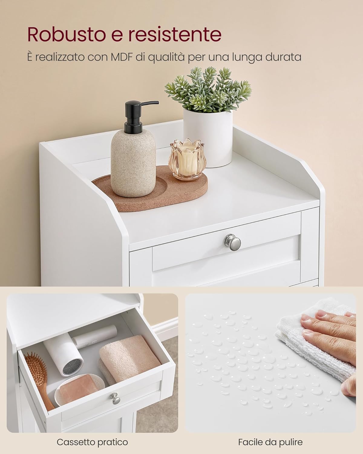 Detalle 2 de VASAGLE BBC741W01 mobile portabiancheria per bagno con cassetto e cesto estraibile, 40 x 40 x 80,2 cm