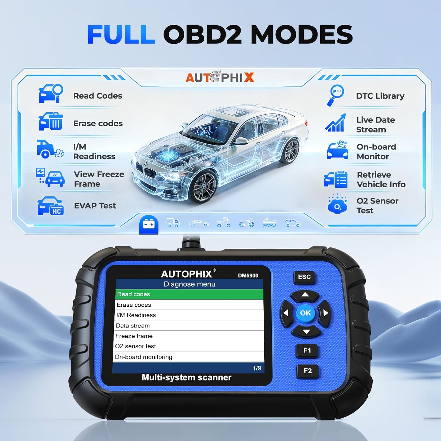 Detalle de AUTOPHIX 4 Systems Car Diagnostic Tool: DM5900 4‑System OBD2 Scanner, 12V Battery Tester and Bluetooth Engine Reader