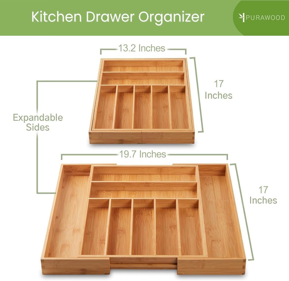 Thumbnail 2 de Purawood Bamboo Drawer Organizer: Expandable 7–9 Slot Silverware Tray