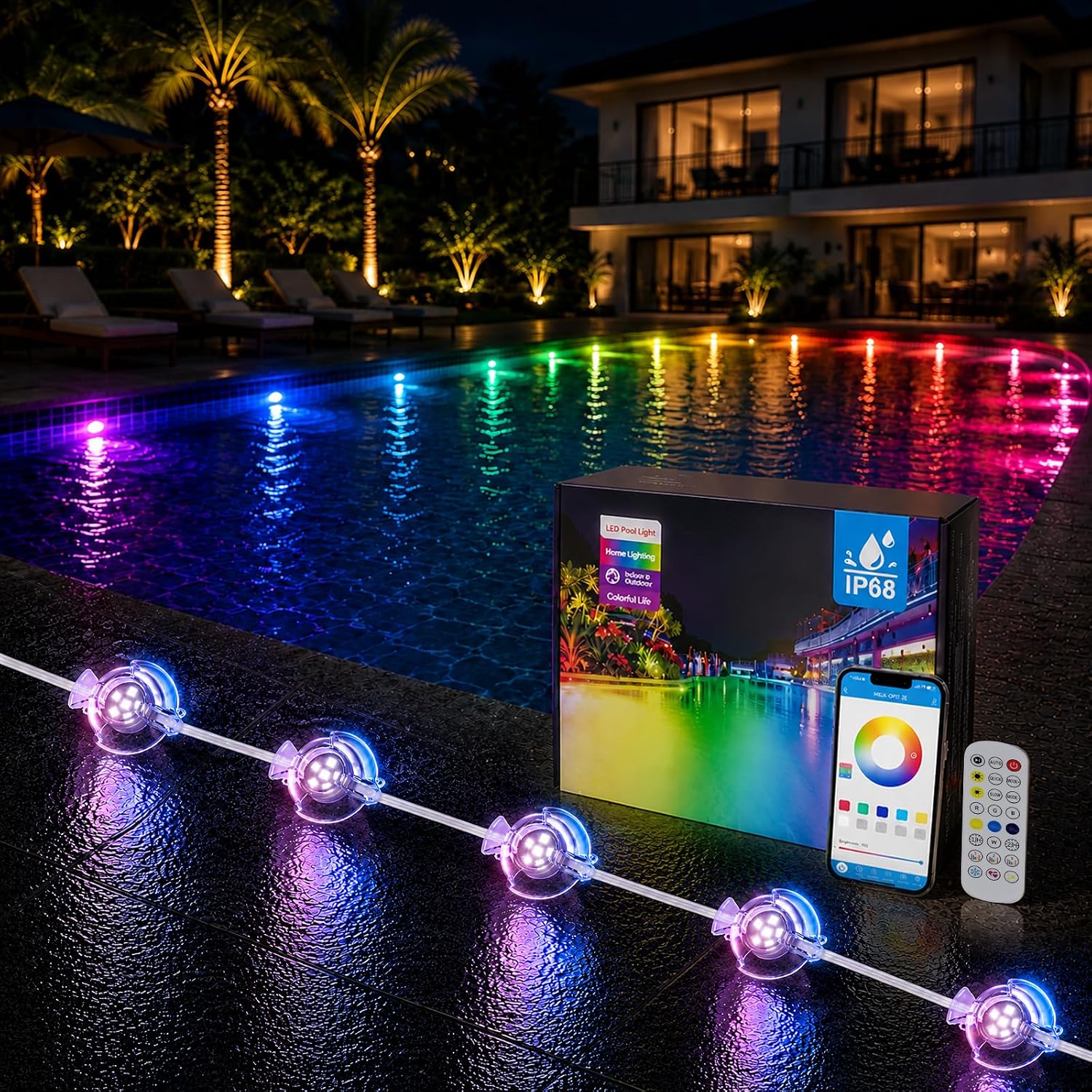 Detalle de SOIARLLT 8-in-1 Poolbeleuchtungssystem – 15 m, RGB+IC, 24V, IP68