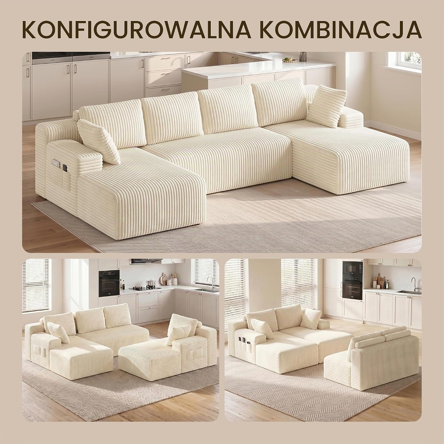 Detalle de Xbro AR45 – modułowa sofa narożna U 320 cm, rozkładana, sztruksowa, beżowa