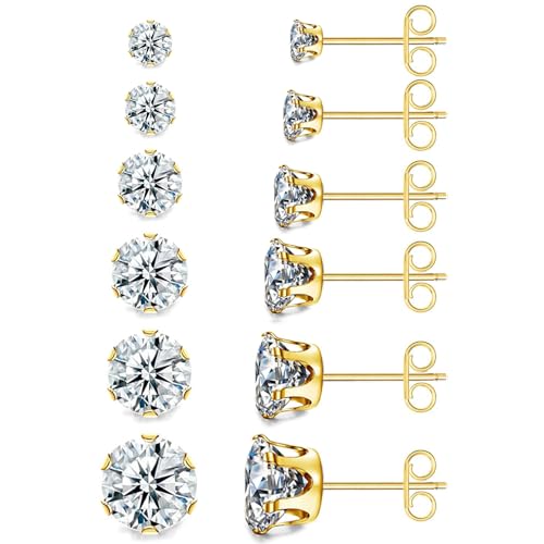 Detalle de BVLAGIDA: Ensembe de 6 paires de clous d’oreilles en acier inoxydable avec zircone cubique (3–8 mm)