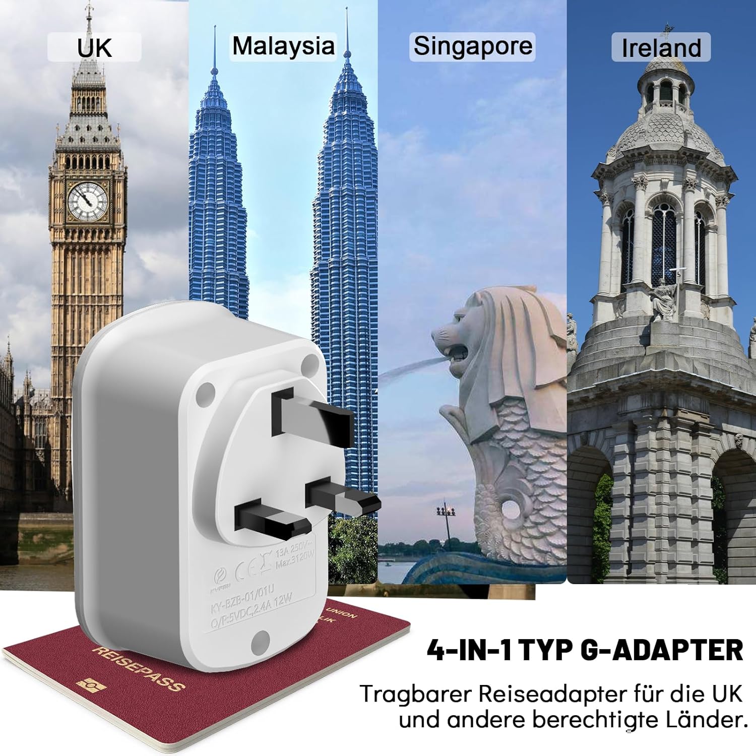 Thumbnail 1 de RealMade Reiseadapter UK auf EU mit 2× USB und 1× Typ‑C Anschluss für Großbritannien (Typ G)