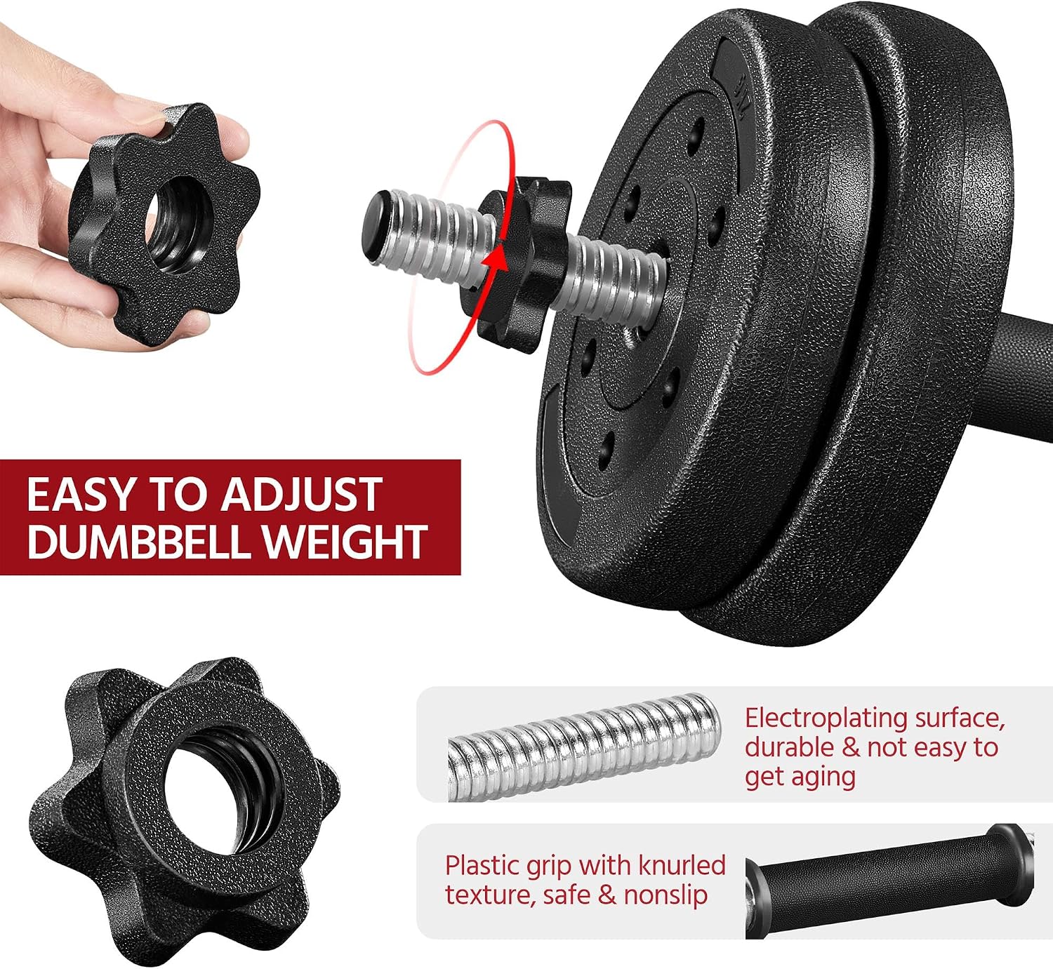 Detalle de Yaheetech set di 2 manubri regolabili con piastre (15 kg) e diversi pesi, nero