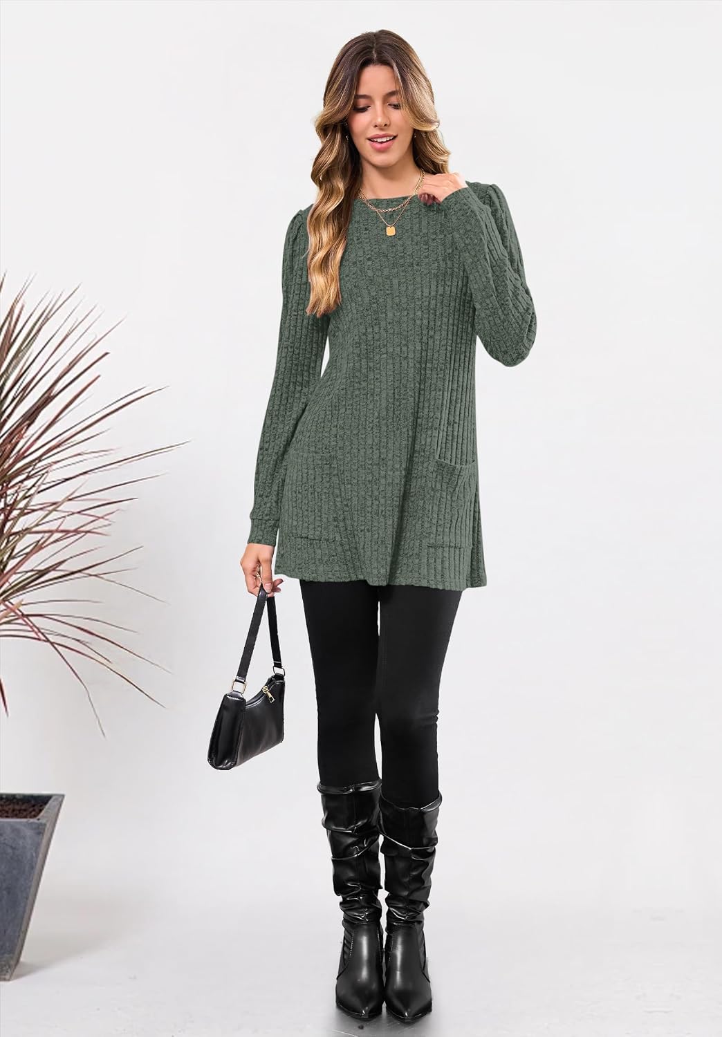 Thumbnail 3 de WNEEDU Women's Sweater Dress, Long-Sleeve Striped Tunic with Pockets