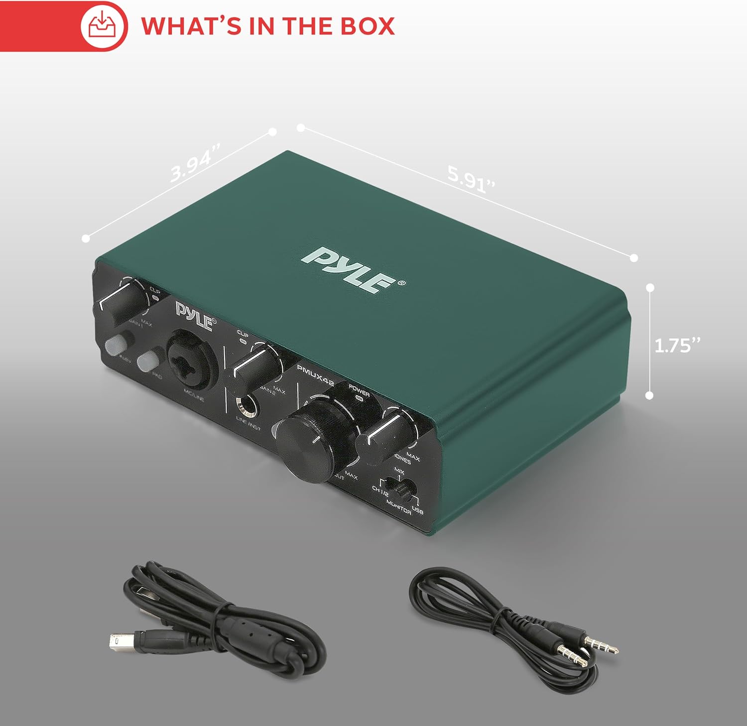 Thumbnail 6 de Pyle PMUX42 USB Audio Interface, 2-In/2-Out, 24-Bit/192 kHz, 48V Phantom Power