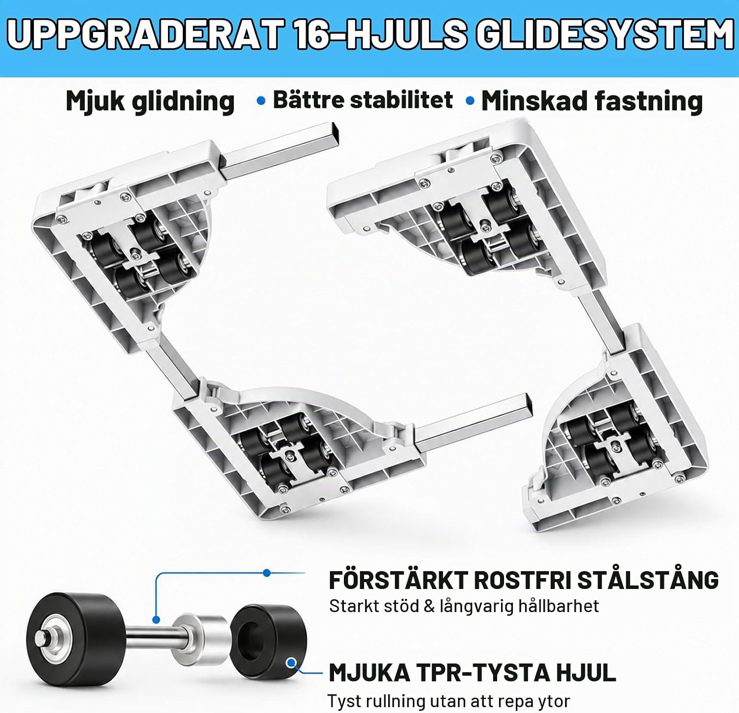 Detalle de DEWEL DW-6328 tvättmaskinsunderrede med 16 hjul, justerbar bredd och låsning
