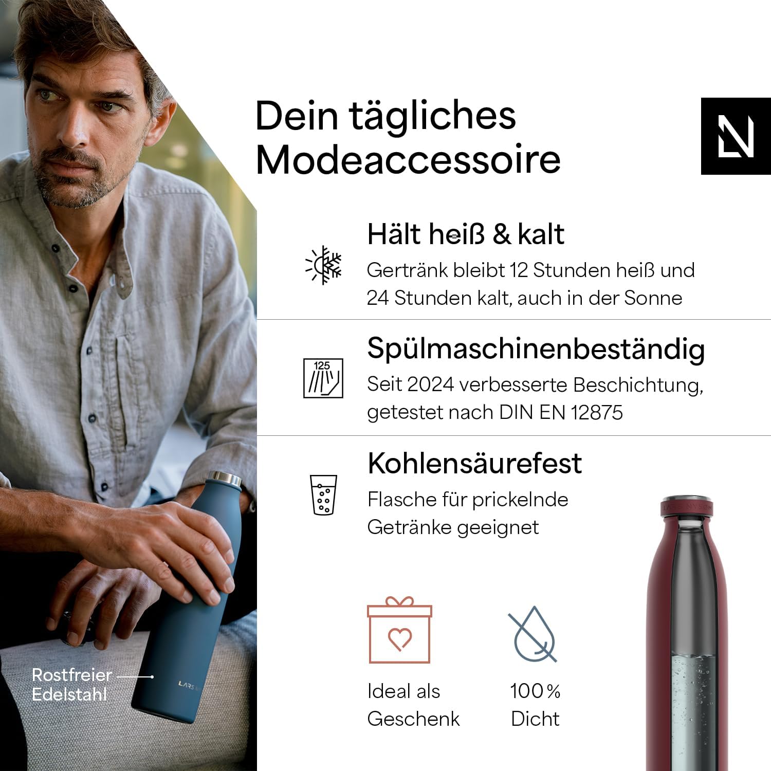 Detalle 2 de LARS NYSØM Edelstahl Trinkflasche 750 ml Berry Red