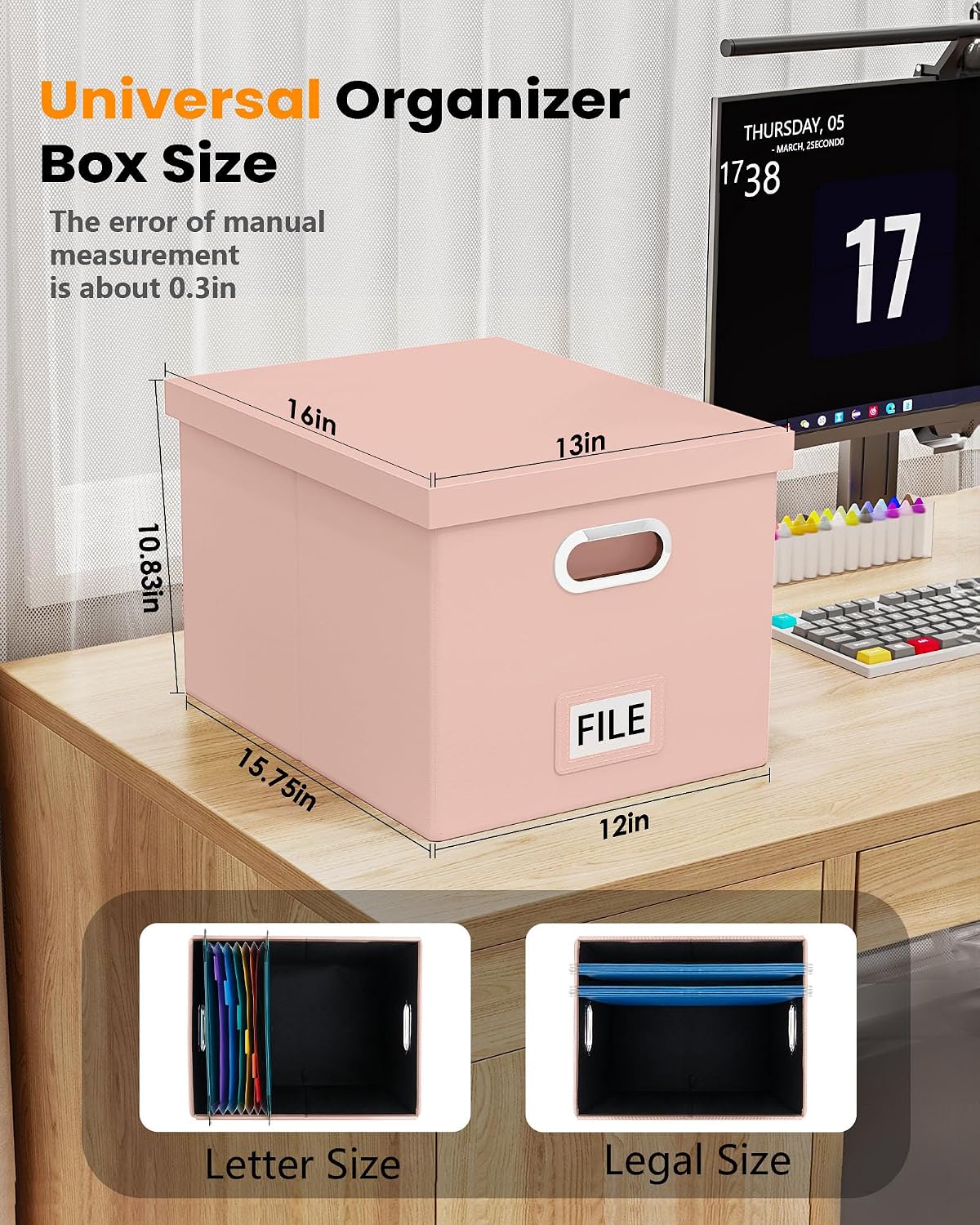 Detalle de Oterri 2-Pack File Storage Boxes, Cream-Pink PVC Leather, Letter/Legal