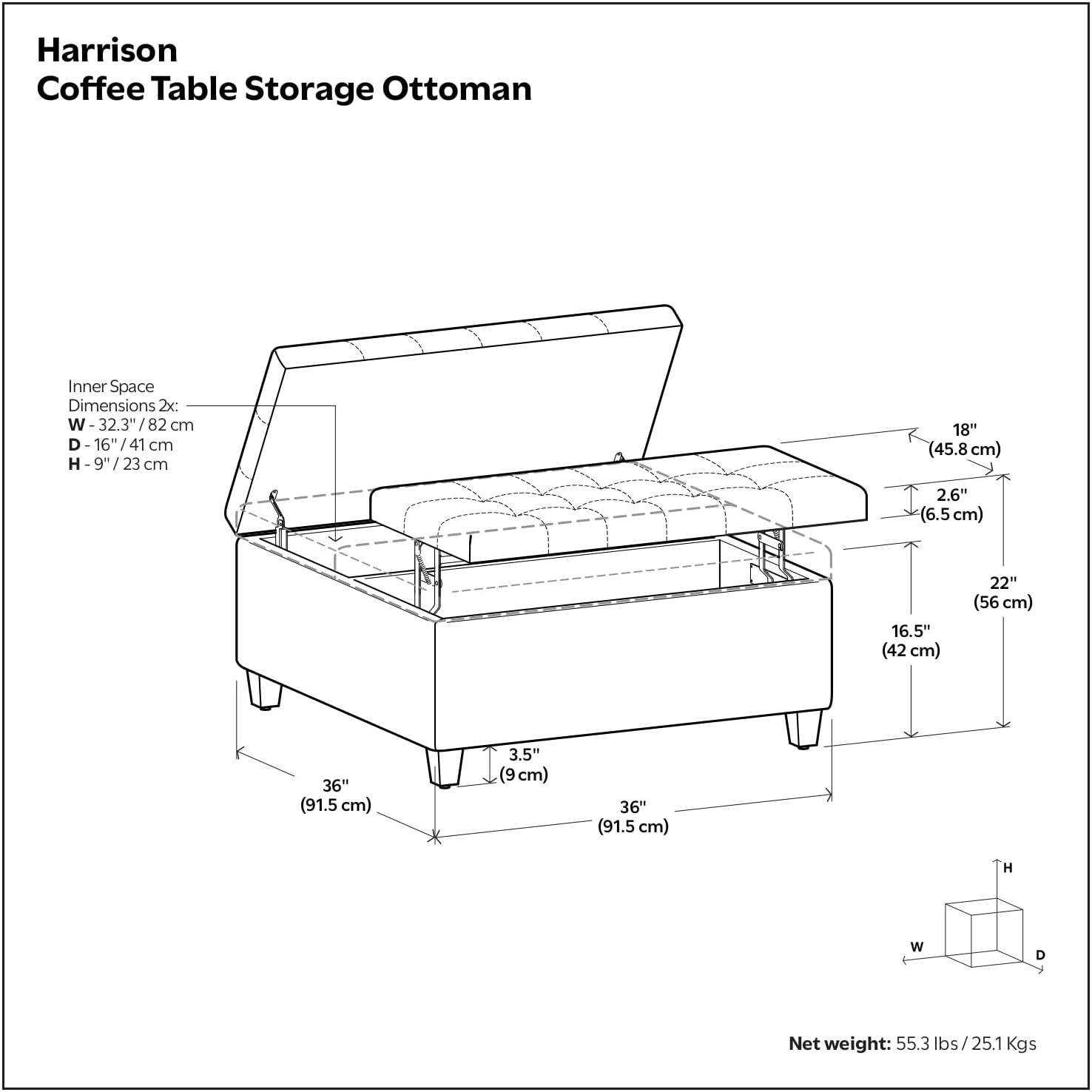 Detalle de SIMPLIHOME Lift-Top Ottoman, 36-Inch