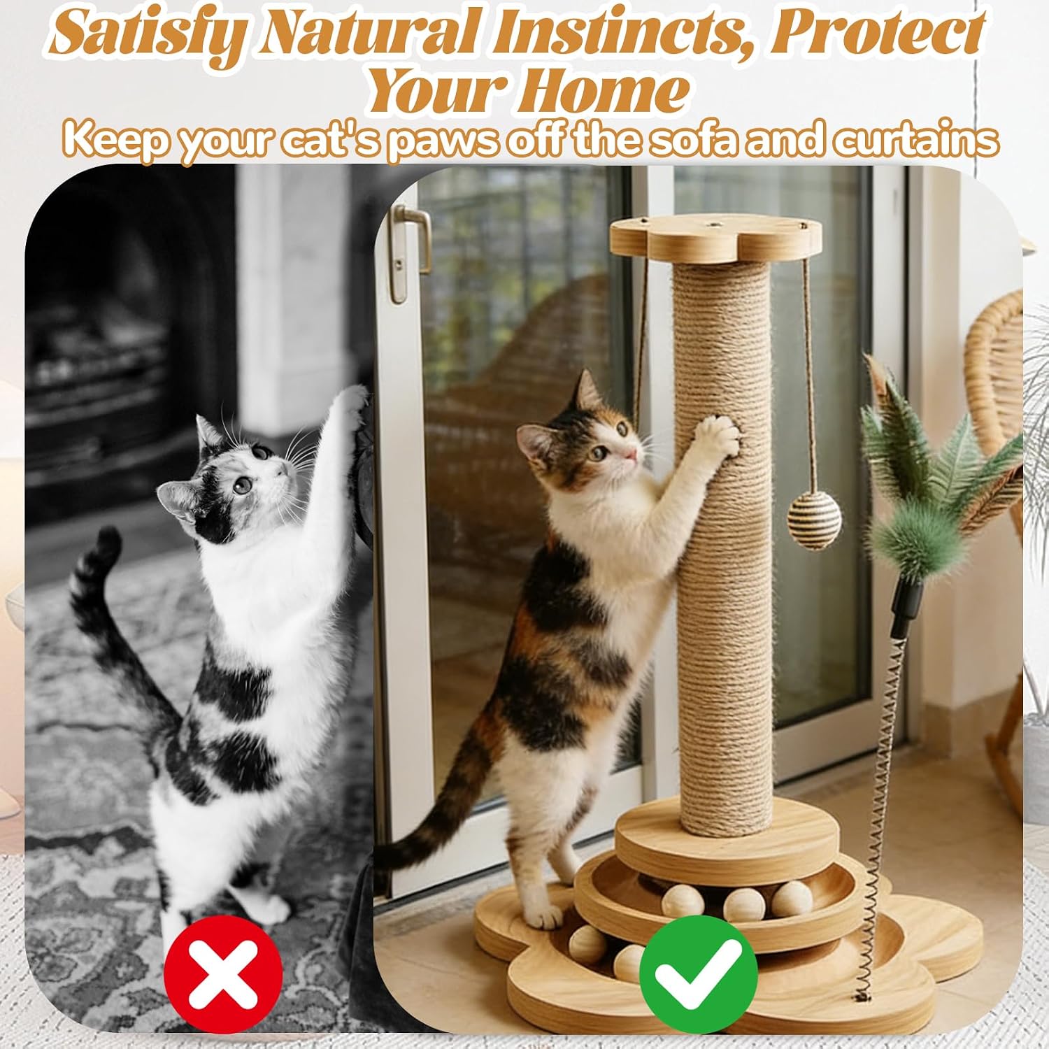 Thumbnail 6 de Cat Scratching Post with Sisal Rope – Interactive 46cm Wood Base Cat Toy