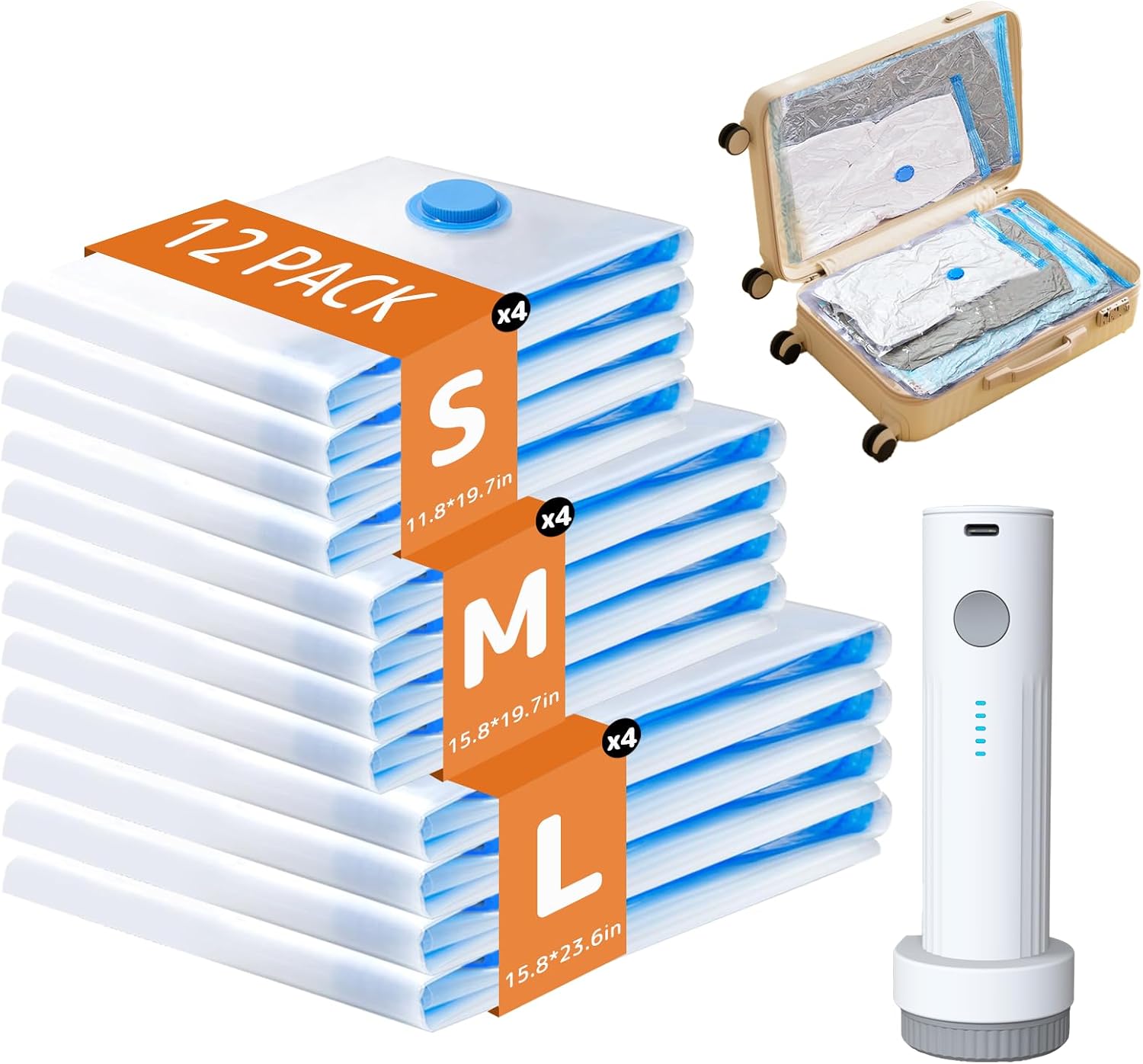 Detalle de 12 Pack Vacuum Bags for Travel with Rechargeable Air Pump