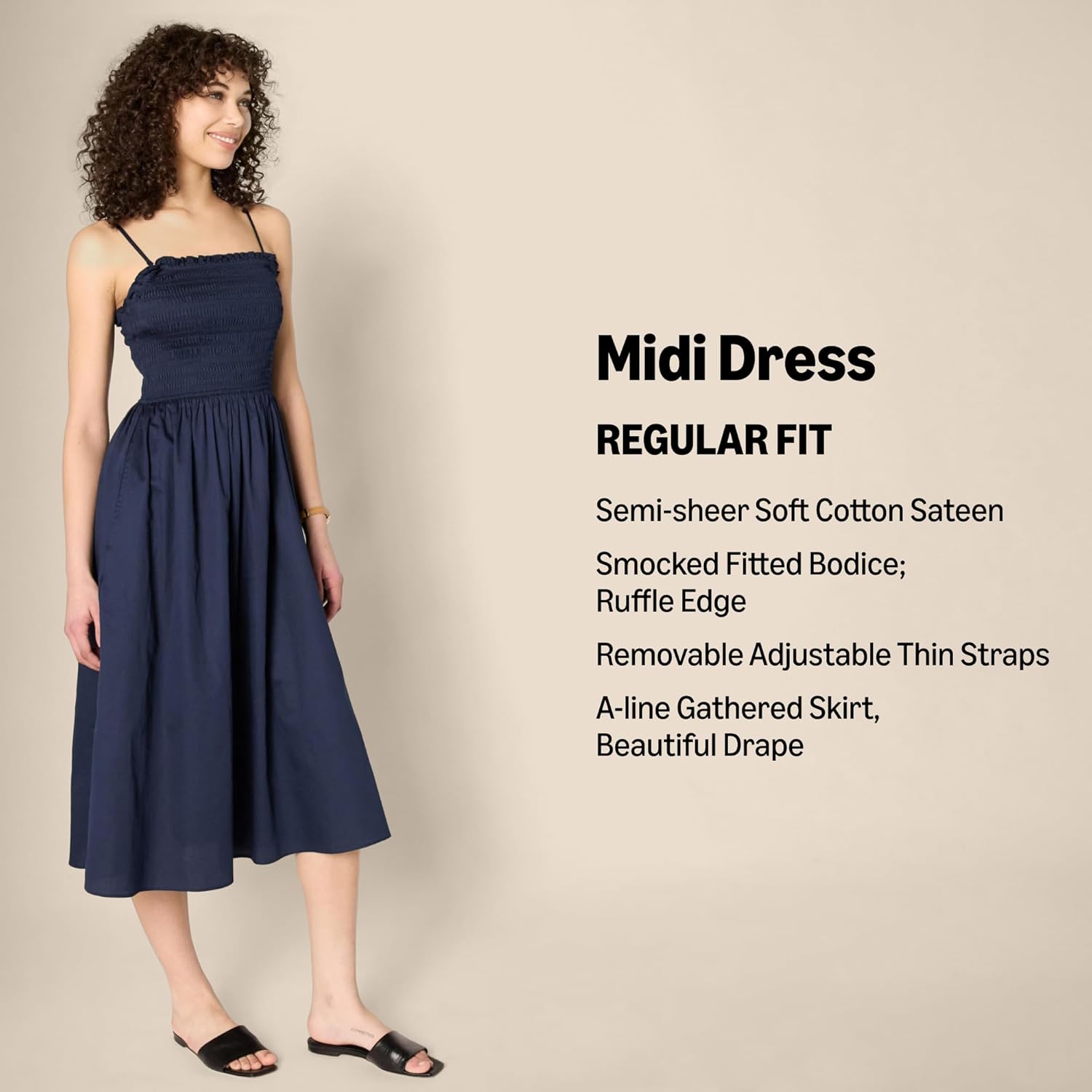Thumbnail 1 de Amazon Essentials Women’s Regular-Fit Cotton Sateen Smocked Bodice Midi Dress