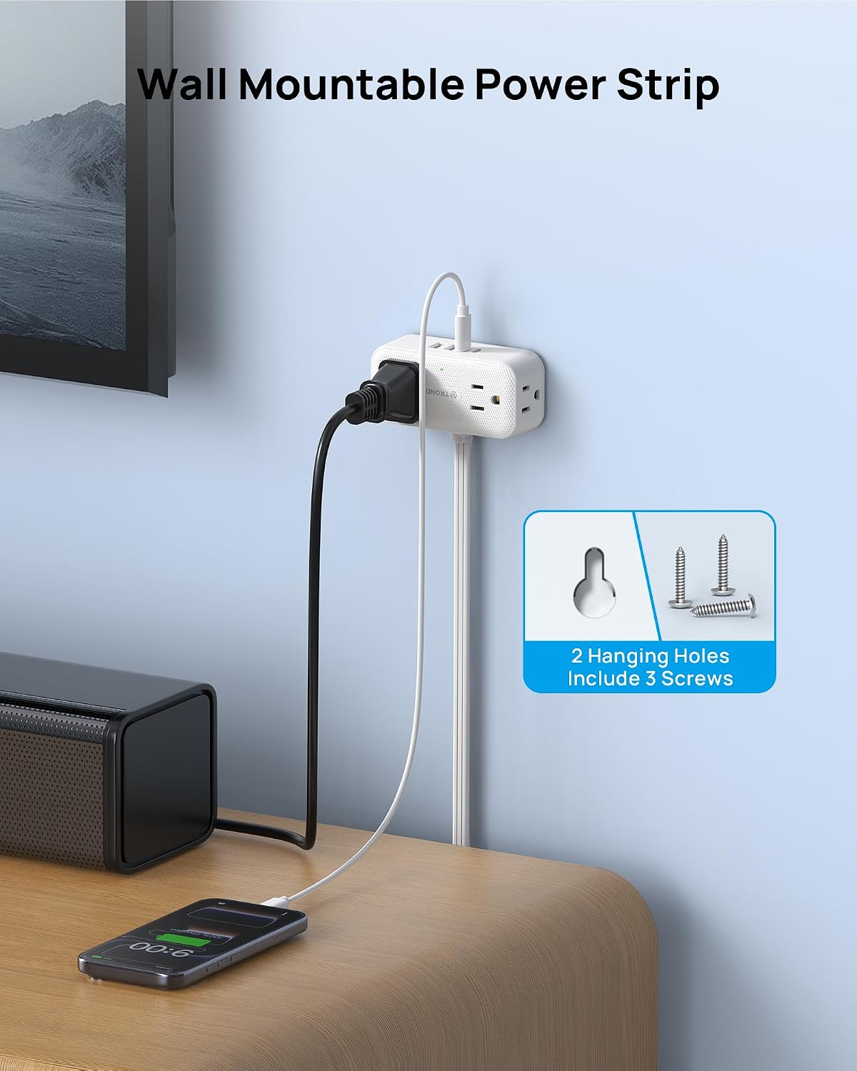 Thumbnail 6 de TROND TD-PS-US15SX Rotating Power Bar, 4 Outlets, USB-C, 10ft Cord