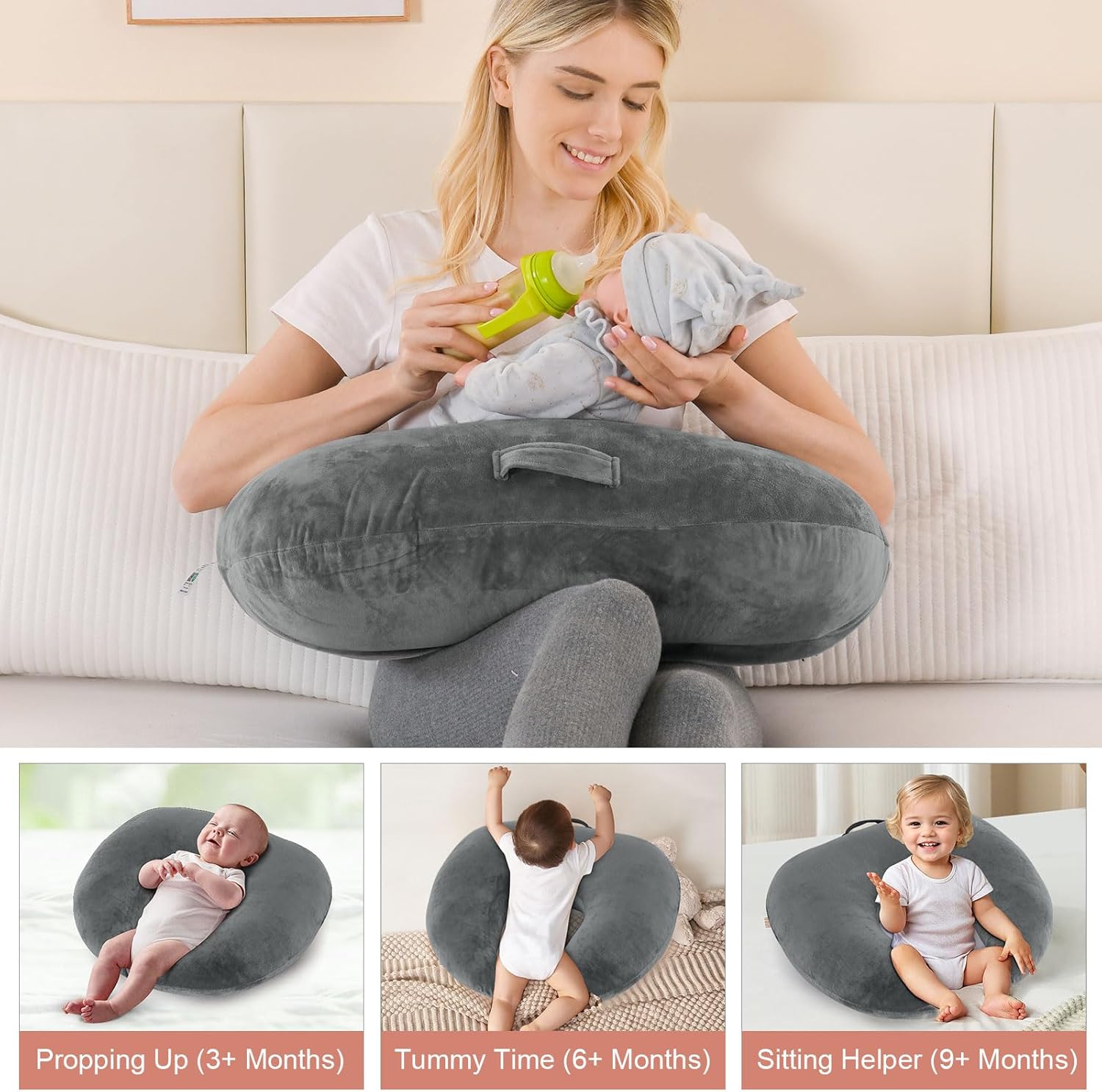 Thumbnail 2 de JOVELL Stillkissen – ergonomisches Multifunktionskissen zum Stillen, Lagern und Stützen (Samt, Grau)
