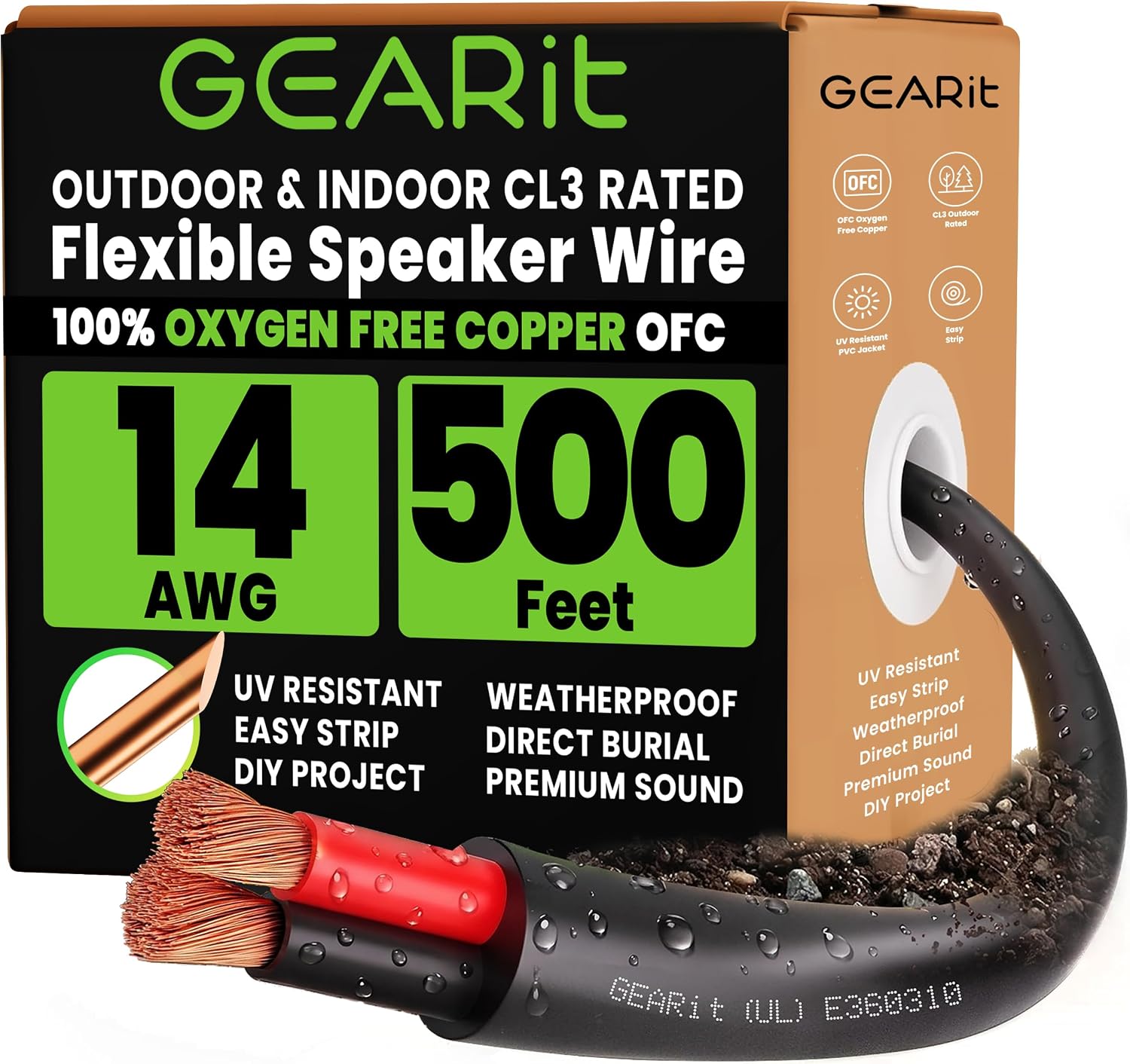 Detalle de GEARit Speaker Cable 2x2.5mm² OFC – 152.4m (500ft), UL CL3 Rated, 14 AWG Copper Wire with Polarity Mark