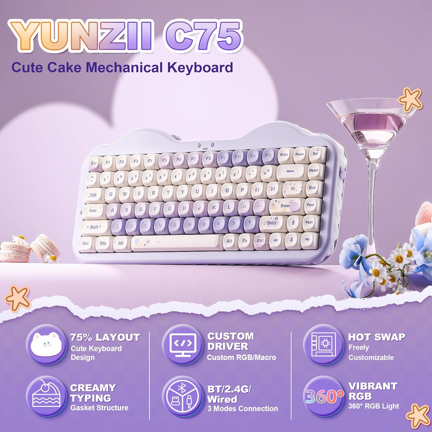 Thumbnail 1 de YUNZII C75 clavier gamer mécanique sans fil 75% tri-mode RGB (BT/2,4G/USB-C) Hot Swap violet Milk V2