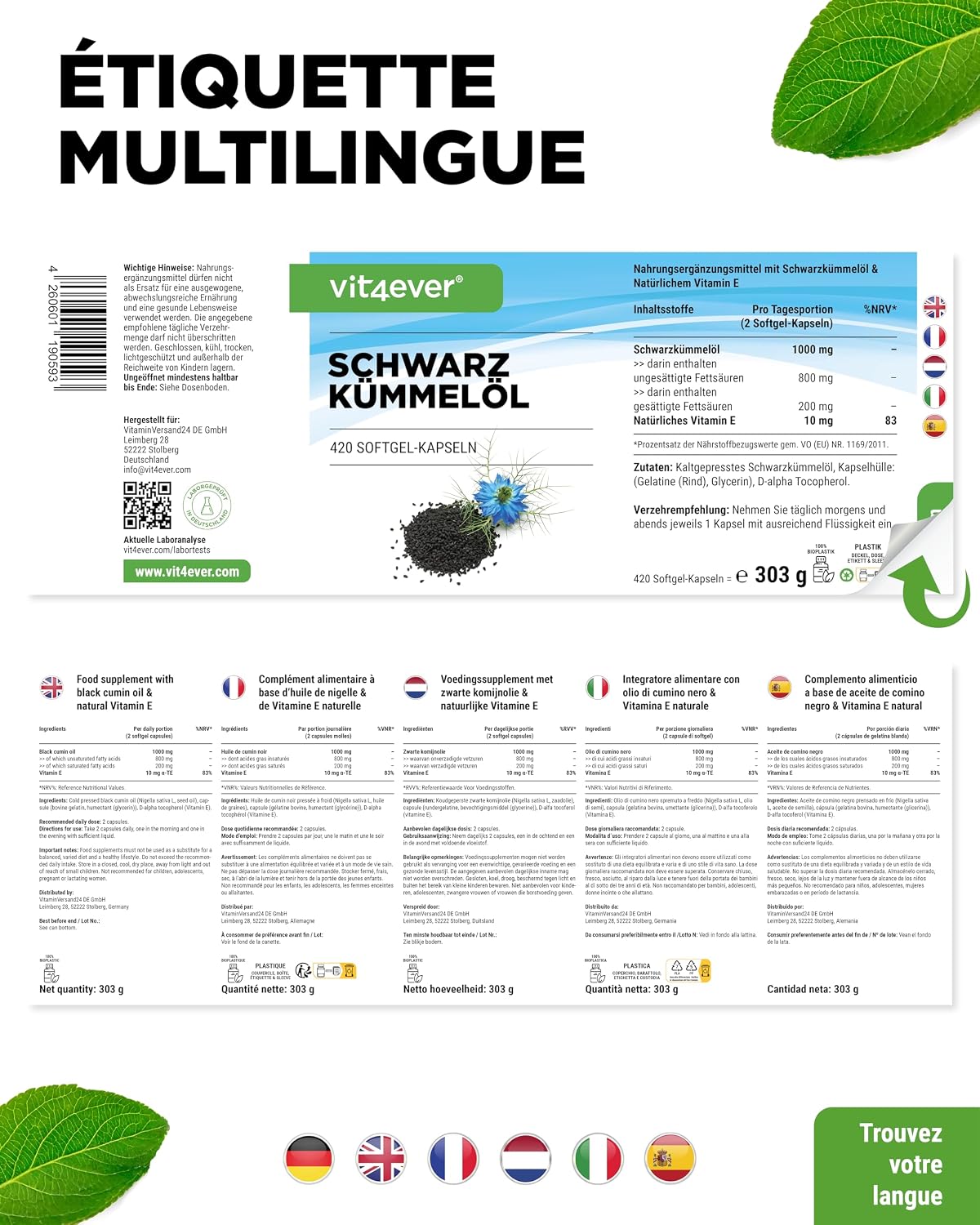 Detalle 2 de Huile de Cumin Noir (Nigella sativa) – 420 capsules – 1000 mg par portion Journalière