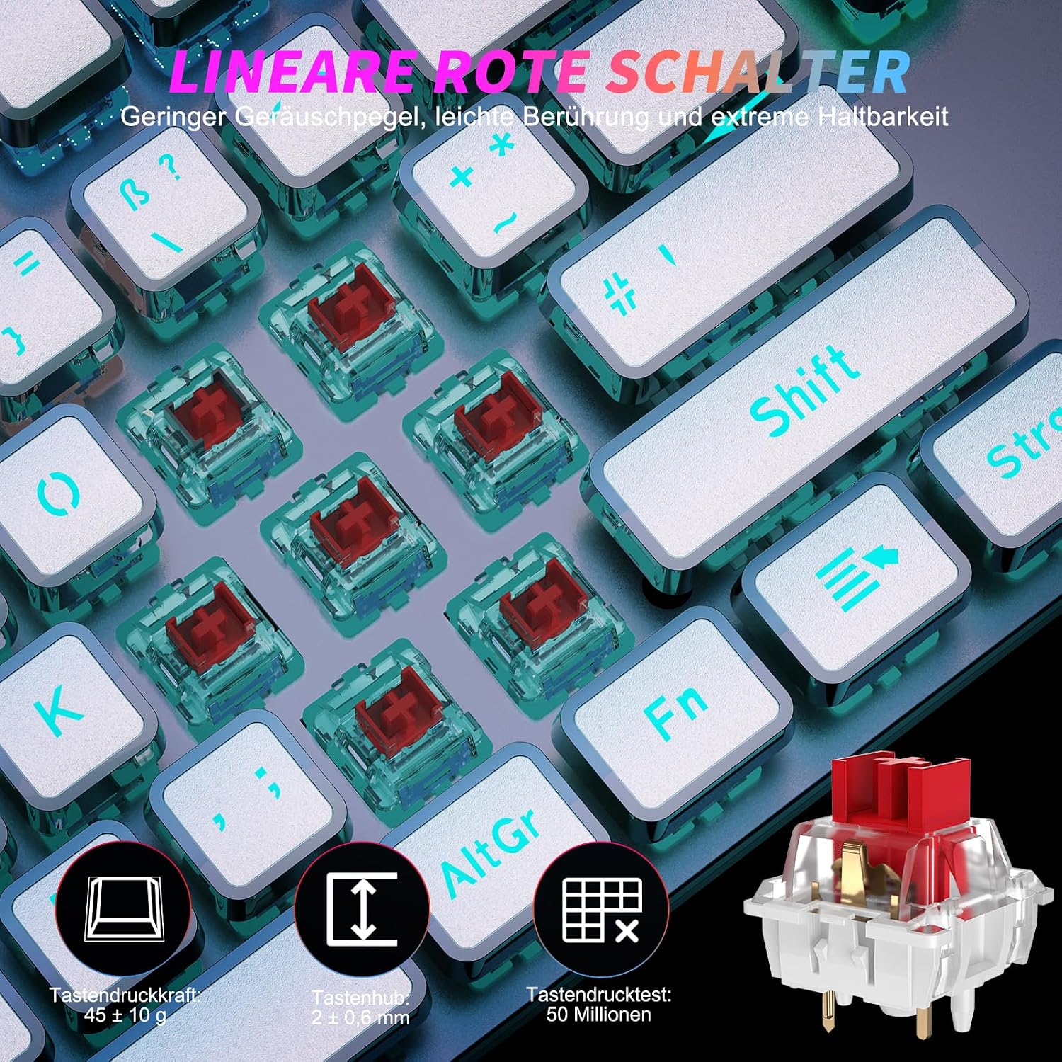 Detalle de TECURS Gaming Mechanische Tastatur mit magnetischer Handgelenkauflage, rote Schalter (QWERTZ, DE-Layout) und 19 LED-Modi