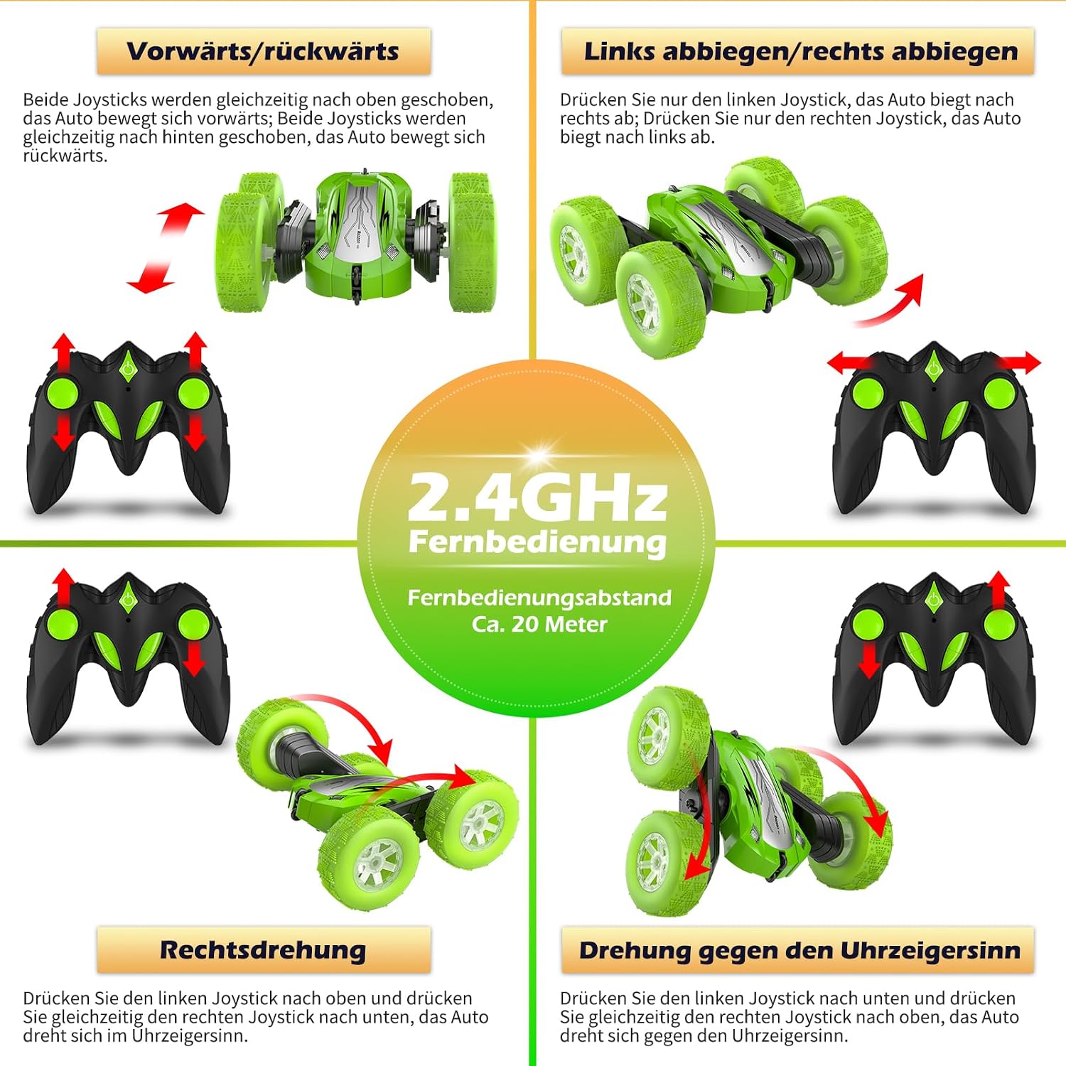 Thumbnail 6 de Rodzon Ferngesteuertes Auto 4WD Grün – RC Car mit LED-Lichtern, 2,4 GHz, 360° Flip, für Kinder ab 6–9+ Jahren