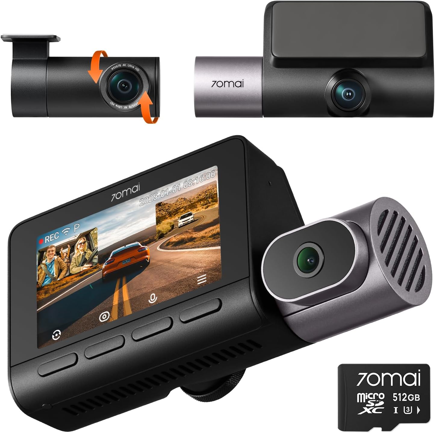 Detalle de 70mai Dashcam 4K T800 – 3 canaux: front 4K + rear 4K + intérieur 1080P, HDR, 4G et IA