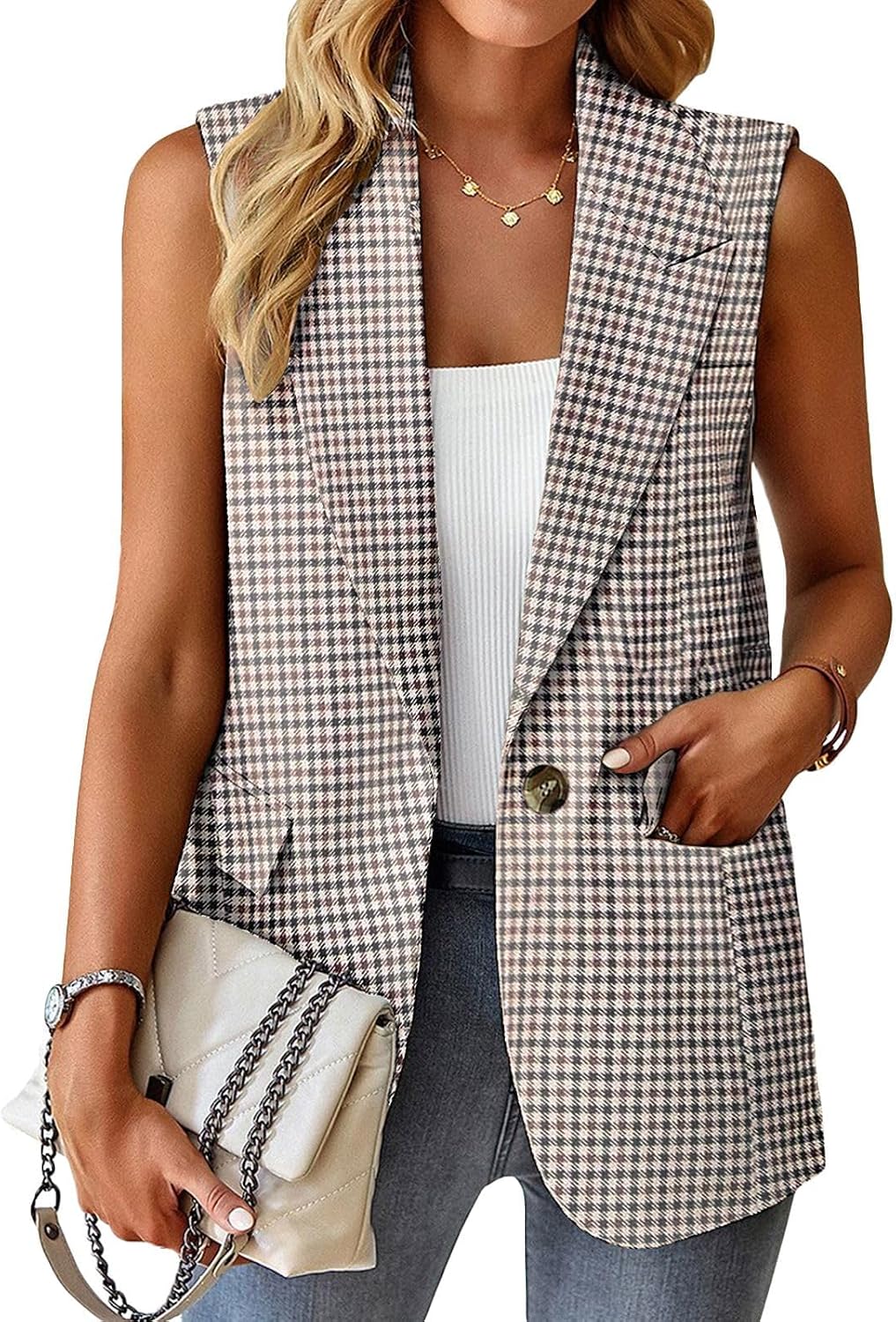 Thumbnail 1 de Mina Self 2026 Summer Women’s Sleeveless Vest Top — Lightweight Fully Lined Blazer Style with Pockets